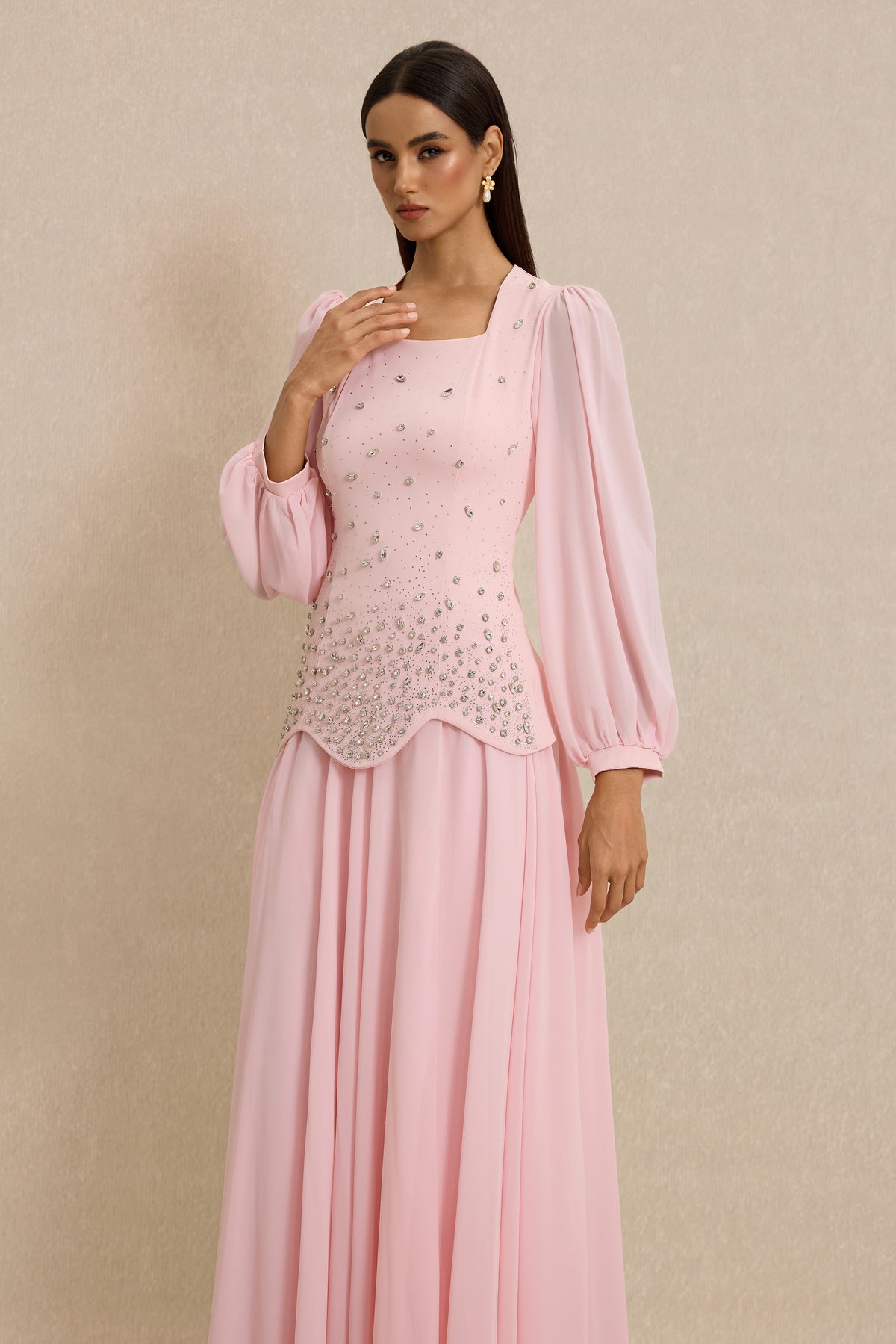 Square Collar Rhinestone Top & Mid Waist Maxi Skirt Set