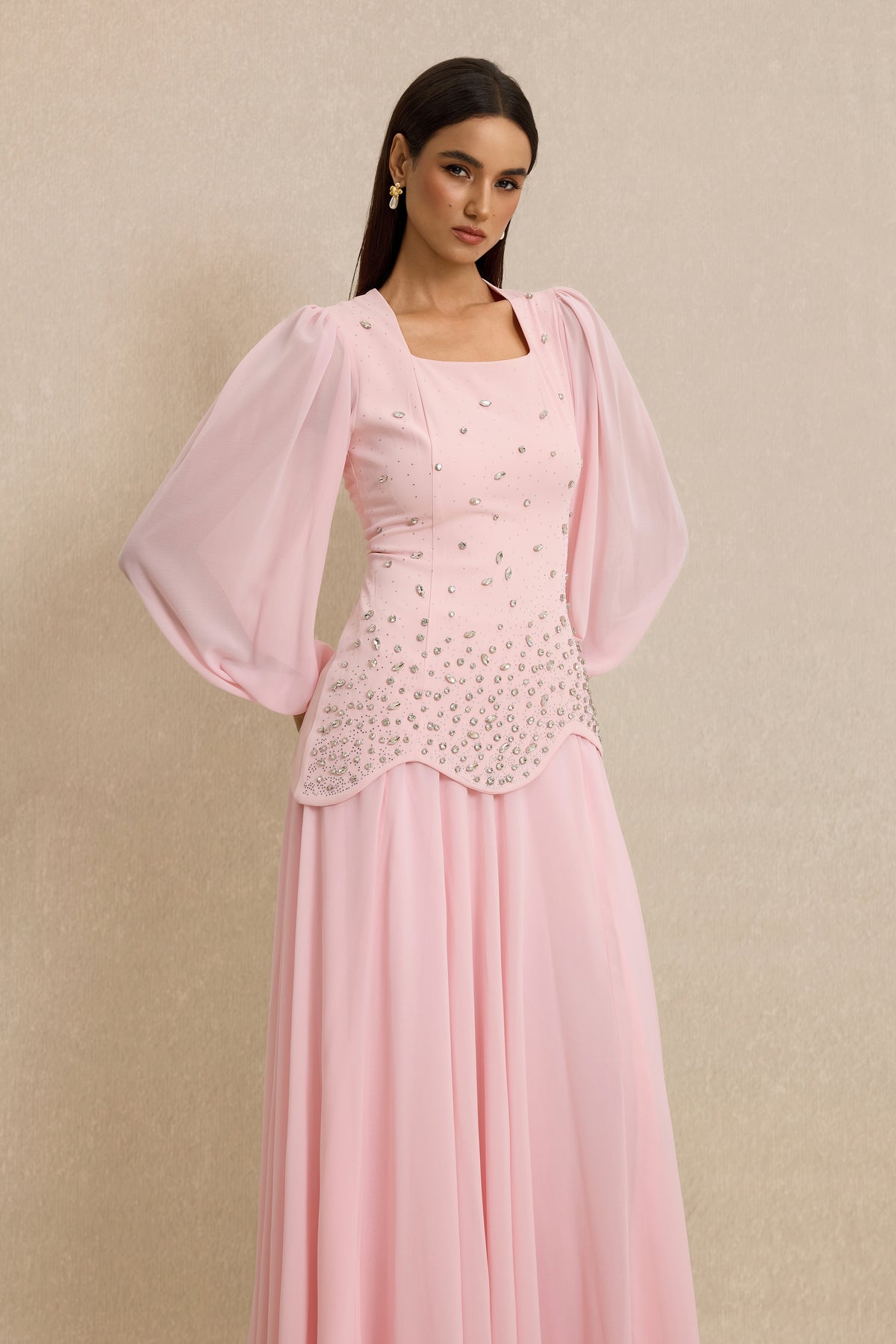 Square Collar Rhinestone Top & Mid Waist Maxi Skirt Set