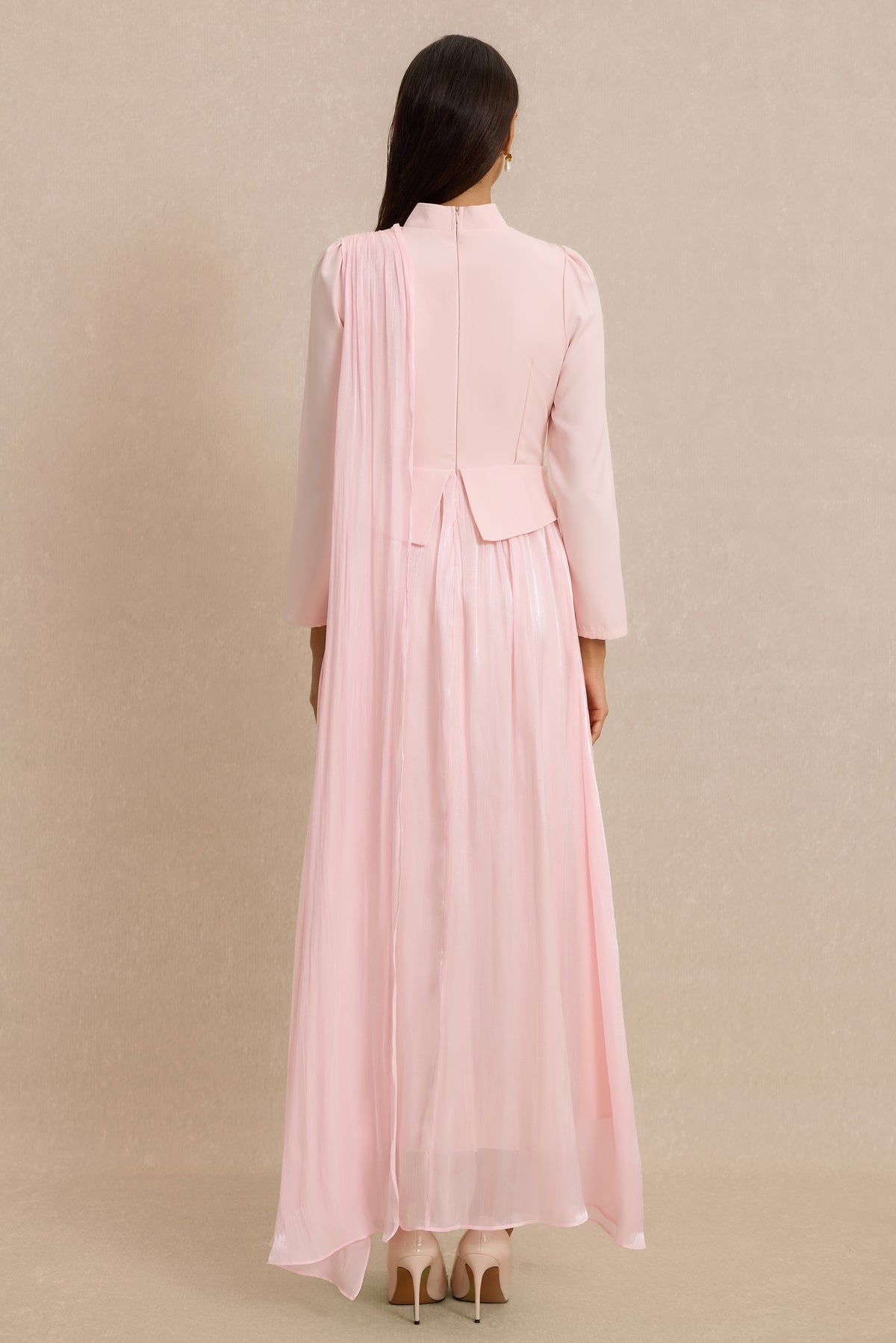 Rhinestone Rivets Pearl Stand Collar Maxi Dress