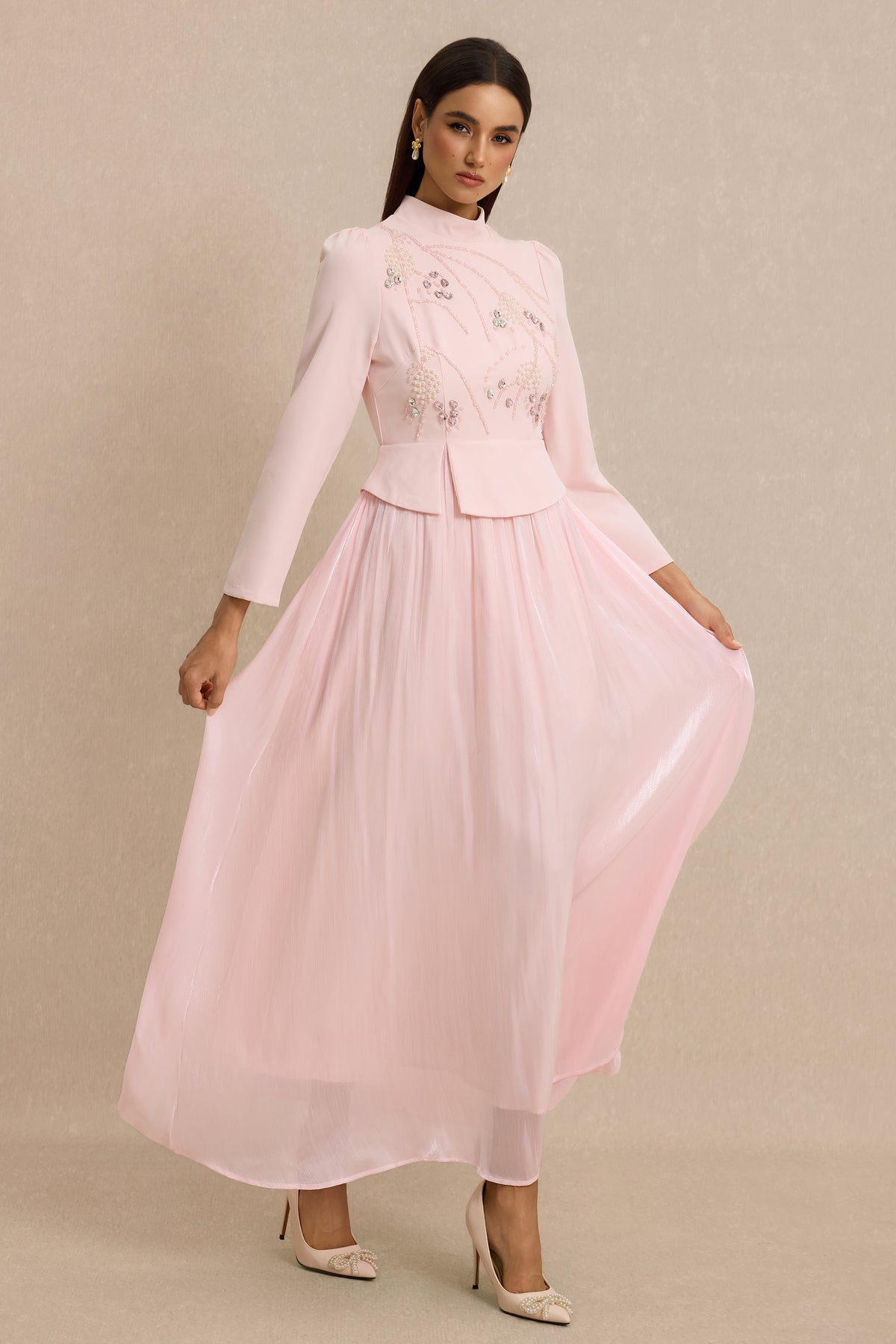 Rhinestone Rivets Pearl Stand Collar Maxi Dress