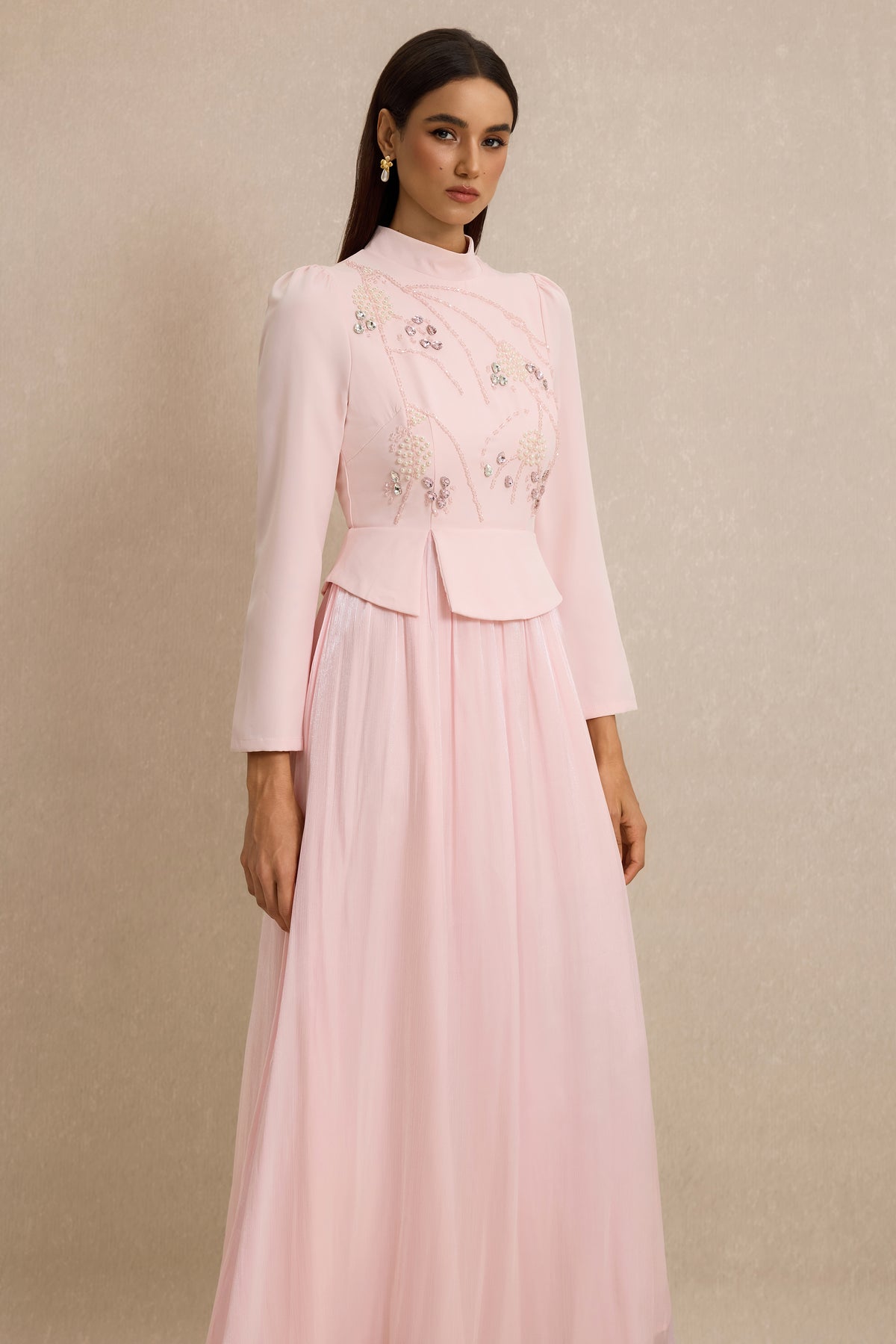 Rhinestone Rivets Pearl Stand Collar Maxi Dress