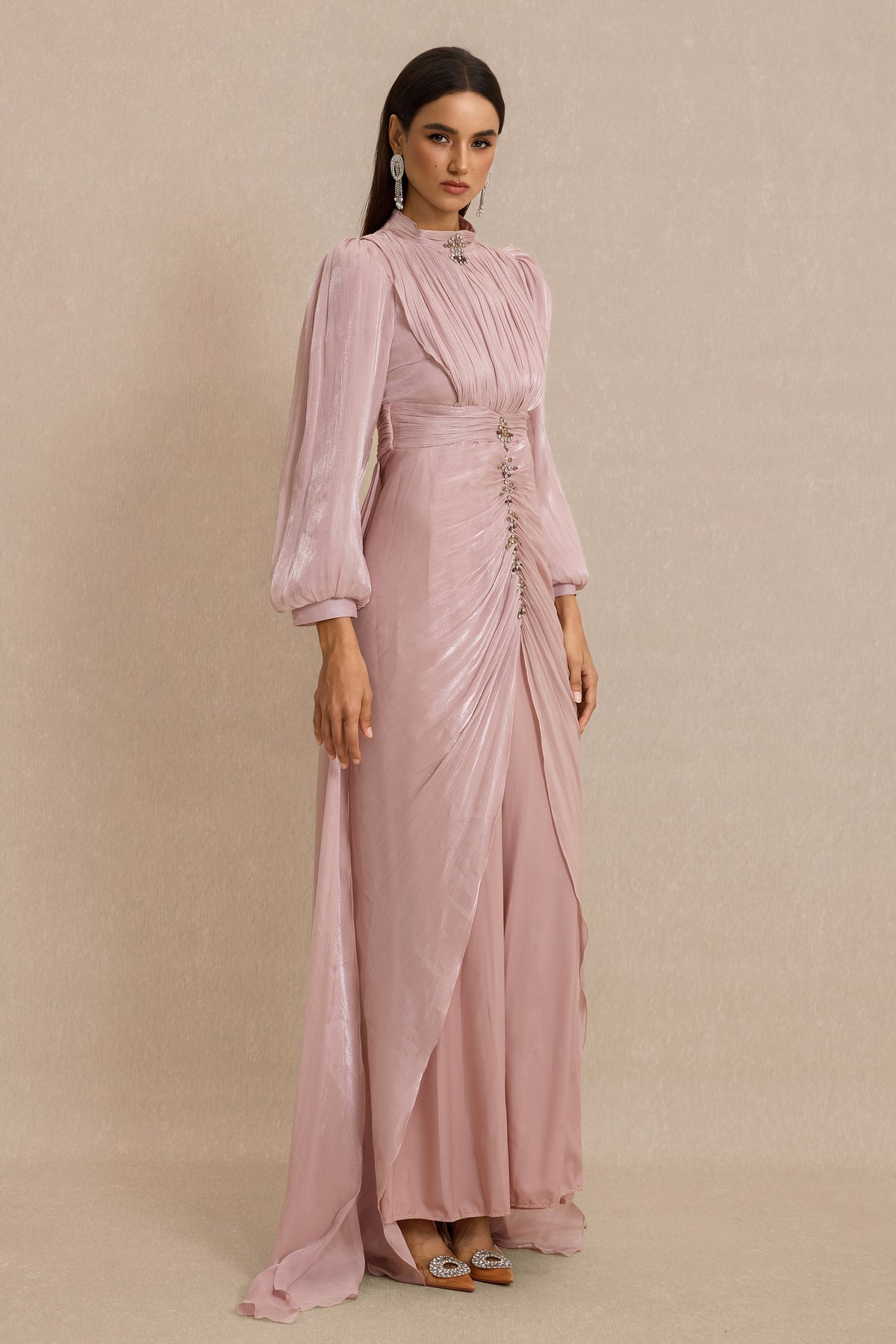 Rhinestone Rivets Gathering Lantern Sleeve Maxi Dress