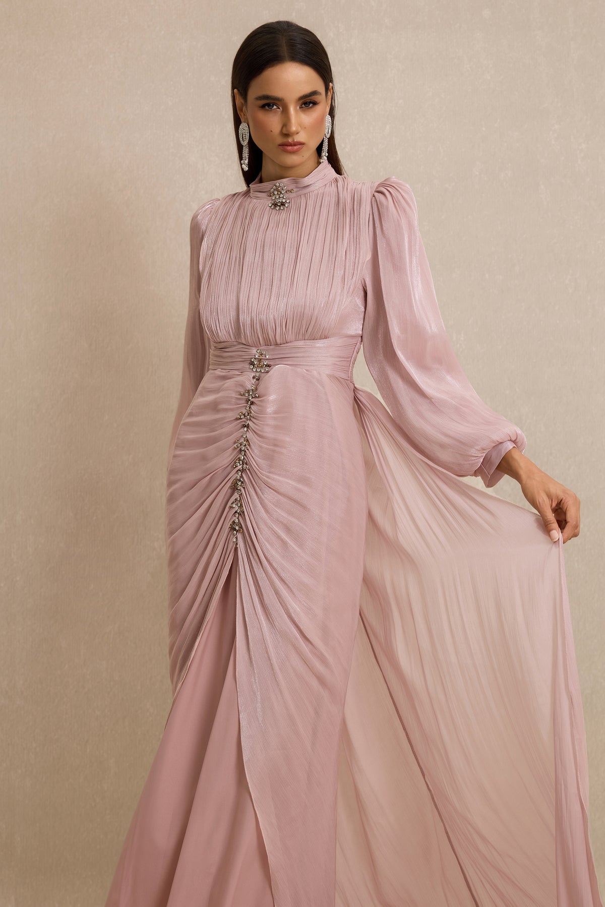 Rhinestone Rivets Gathering Lantern Sleeve Maxi Dress