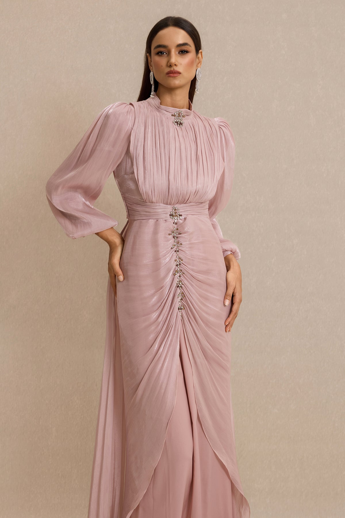 Rhinestone Rivets Gathering Lantern Sleeve Maxi Dress