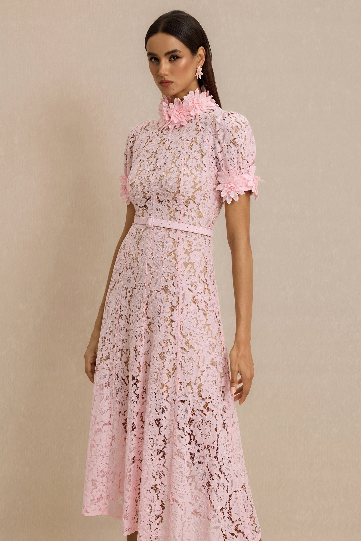 Lace 3D Flower Midi Dress With Belt