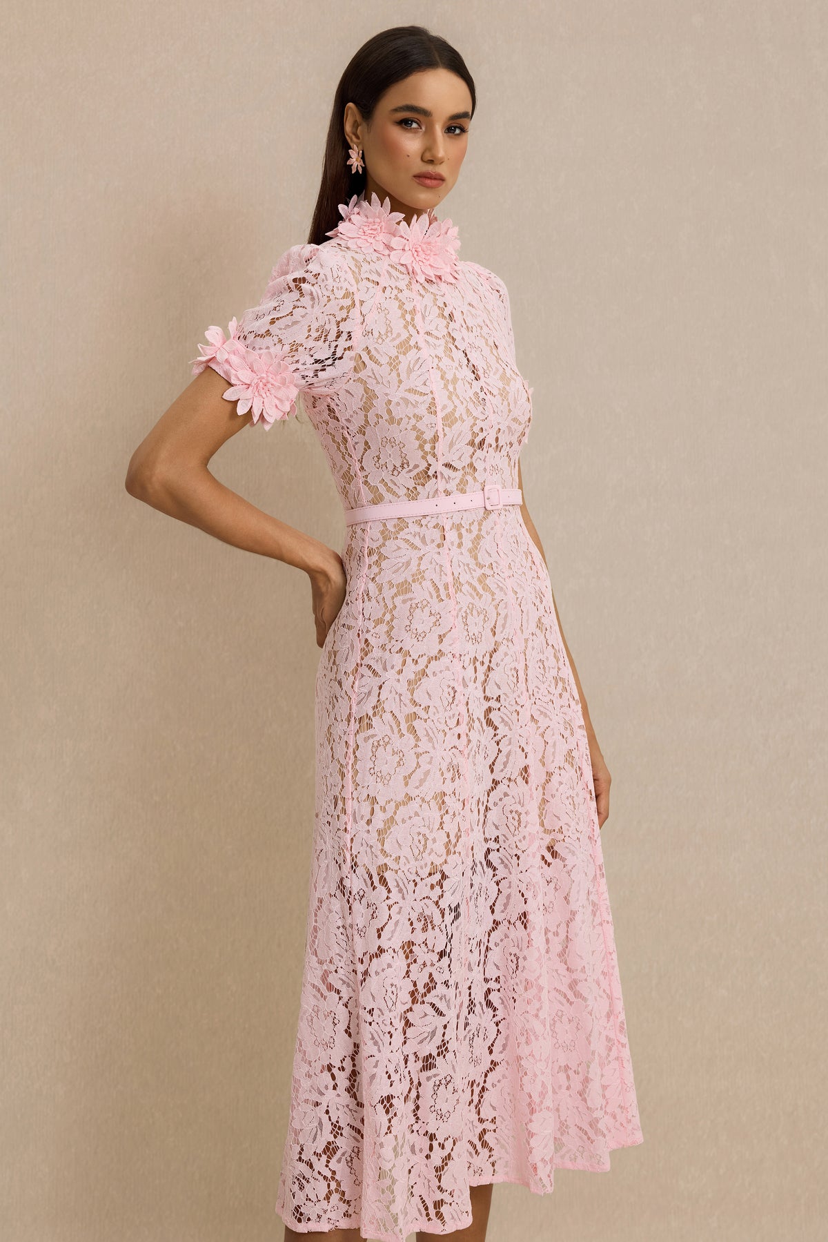 Lace 3D Flower Midi Dress With Belt
