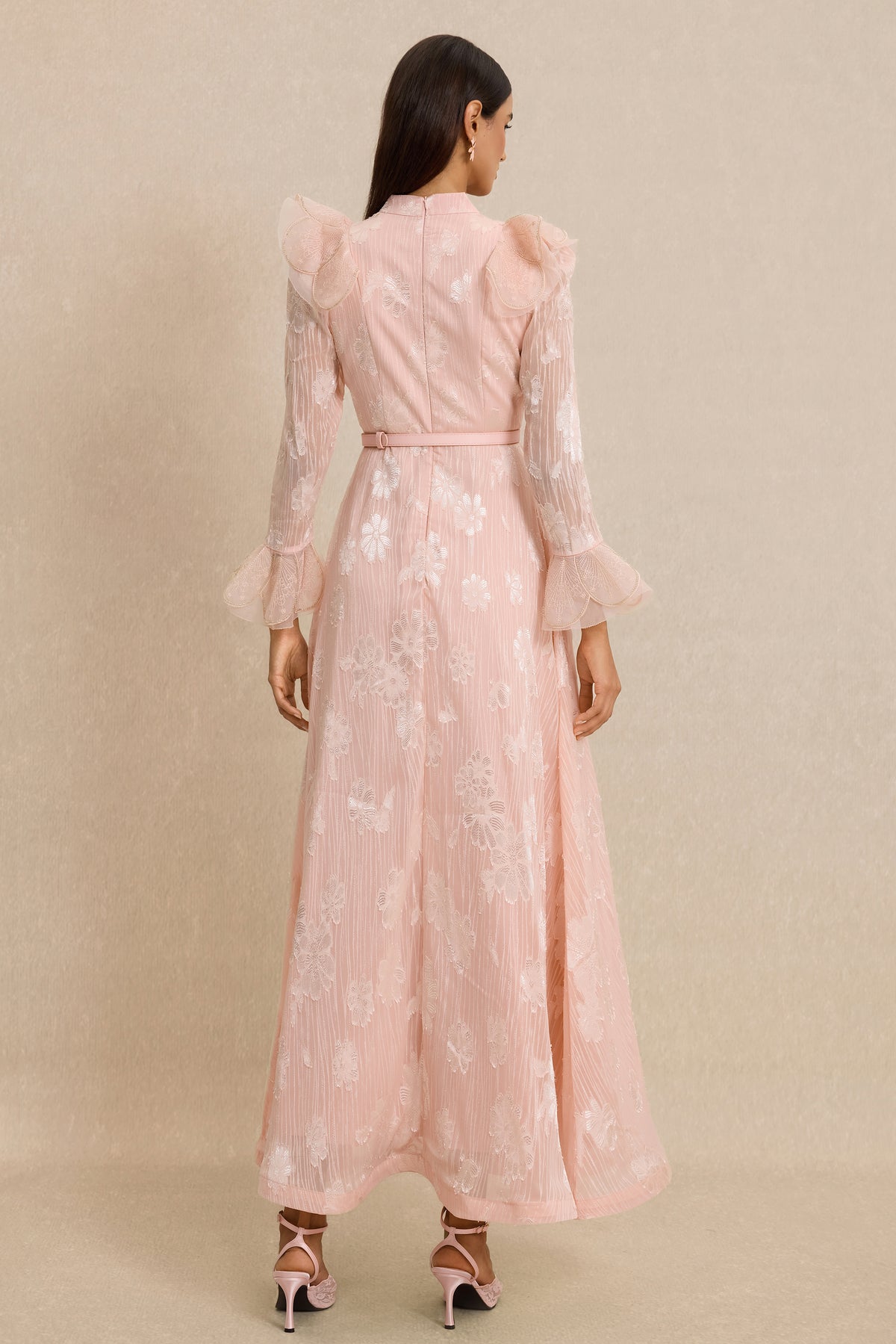 Burn-Out Beaded Button Midi Dress With Belt