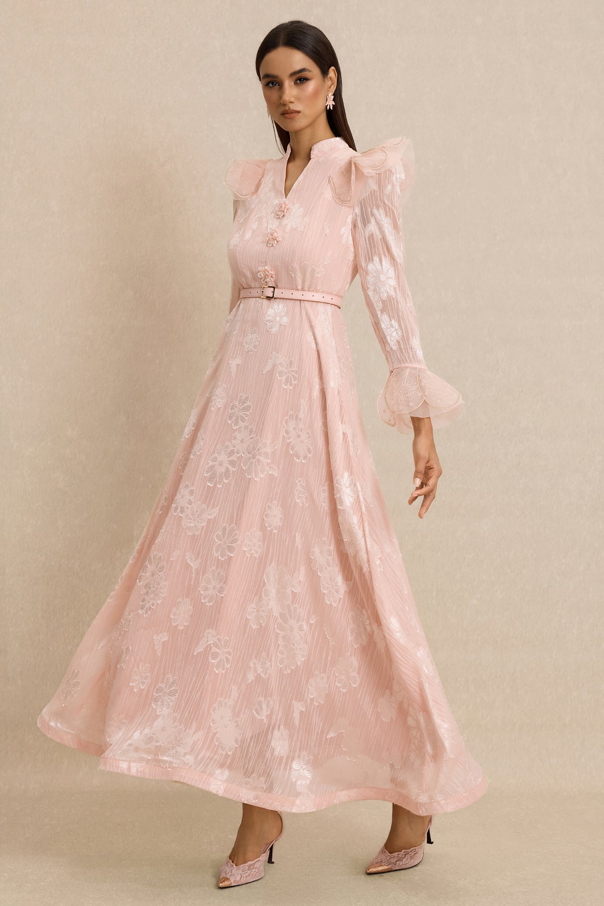Burn-Out Beaded Button Midi Dress With Belt