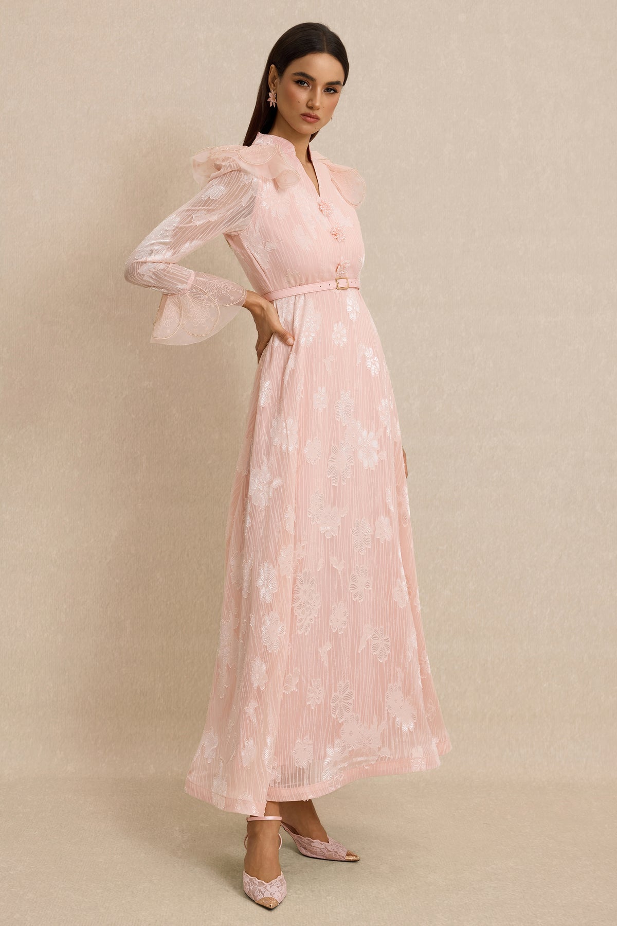 Burn-Out Beaded Button Midi Dress With Belt