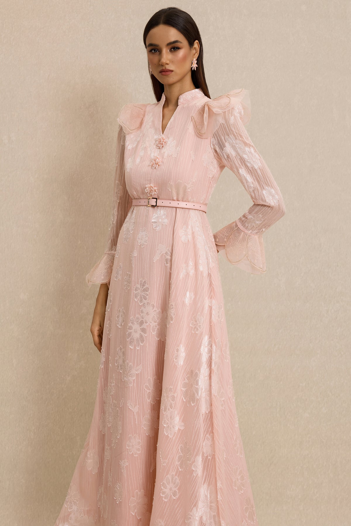 Burn-Out Beaded Button Midi Dress With Belt