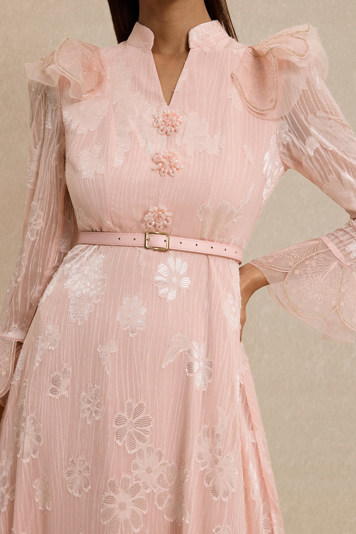 Burn-Out Beaded Button Midi Dress With Belt