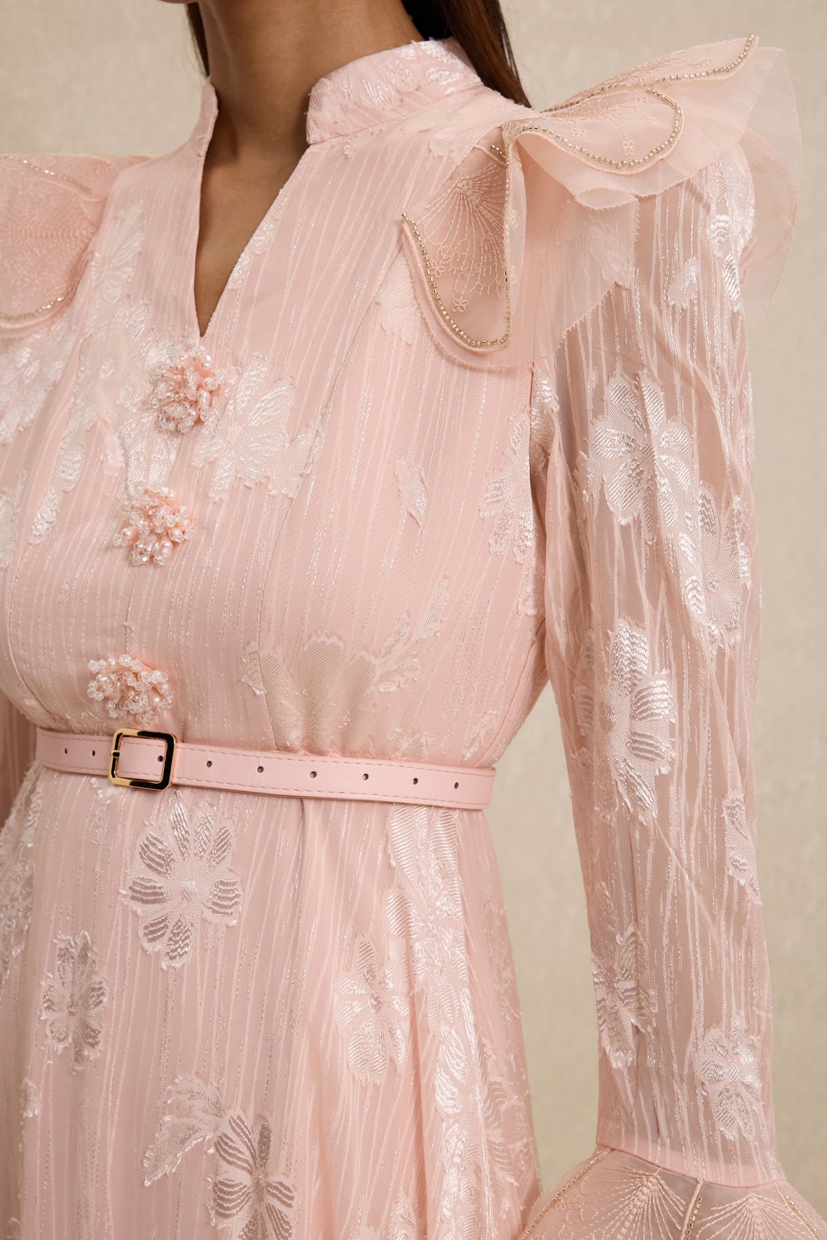 Burn-Out Beaded Button Midi Dress With Belt