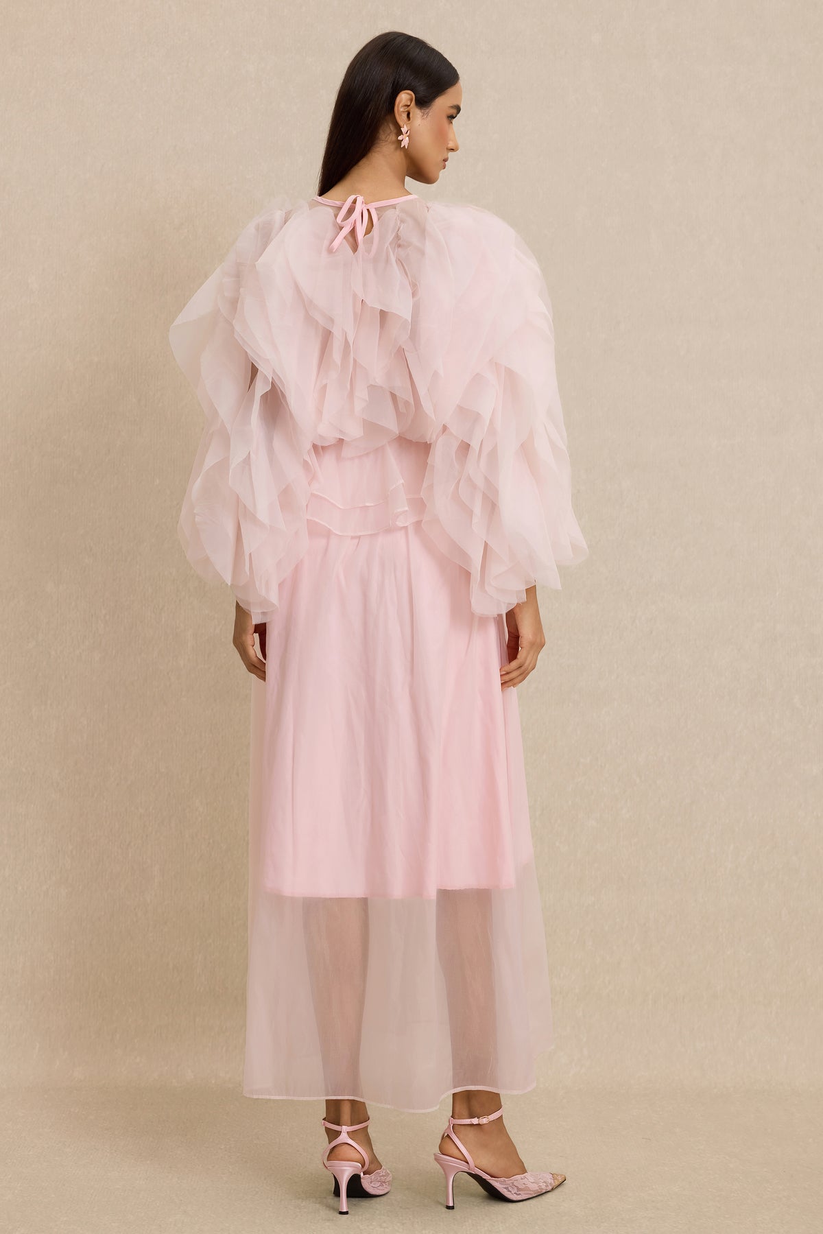 Round Neck Long Sleeve Ruffle Midi Dress