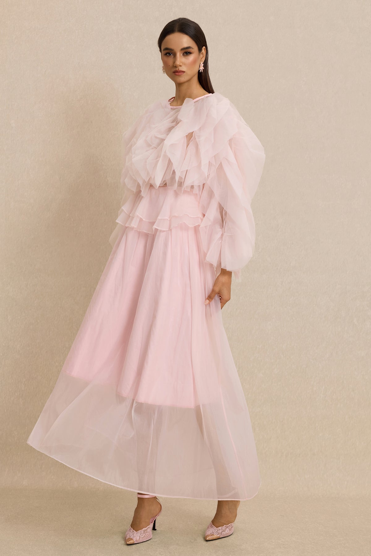 Round Neck Long Sleeve Ruffle Midi Dress