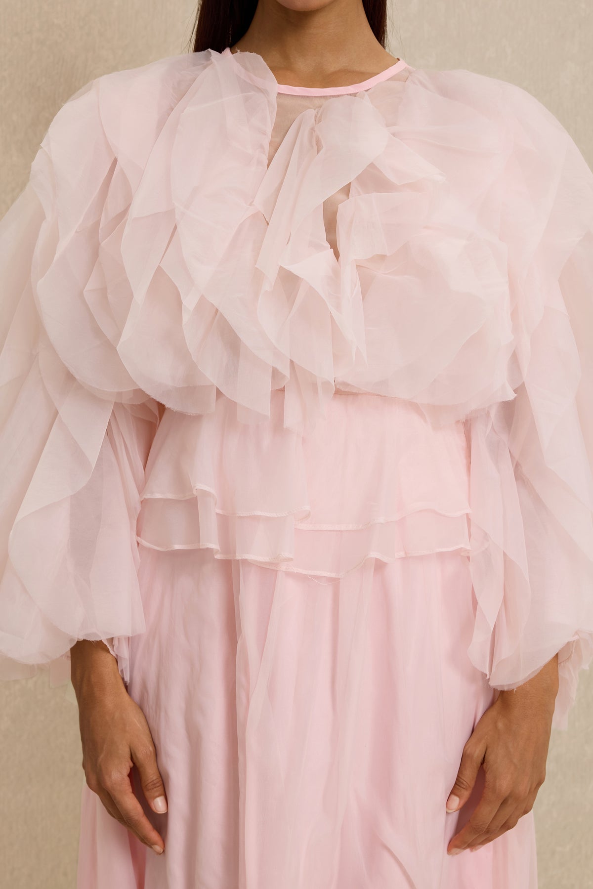 Round Neck Long Sleeve Ruffle Midi Dress
