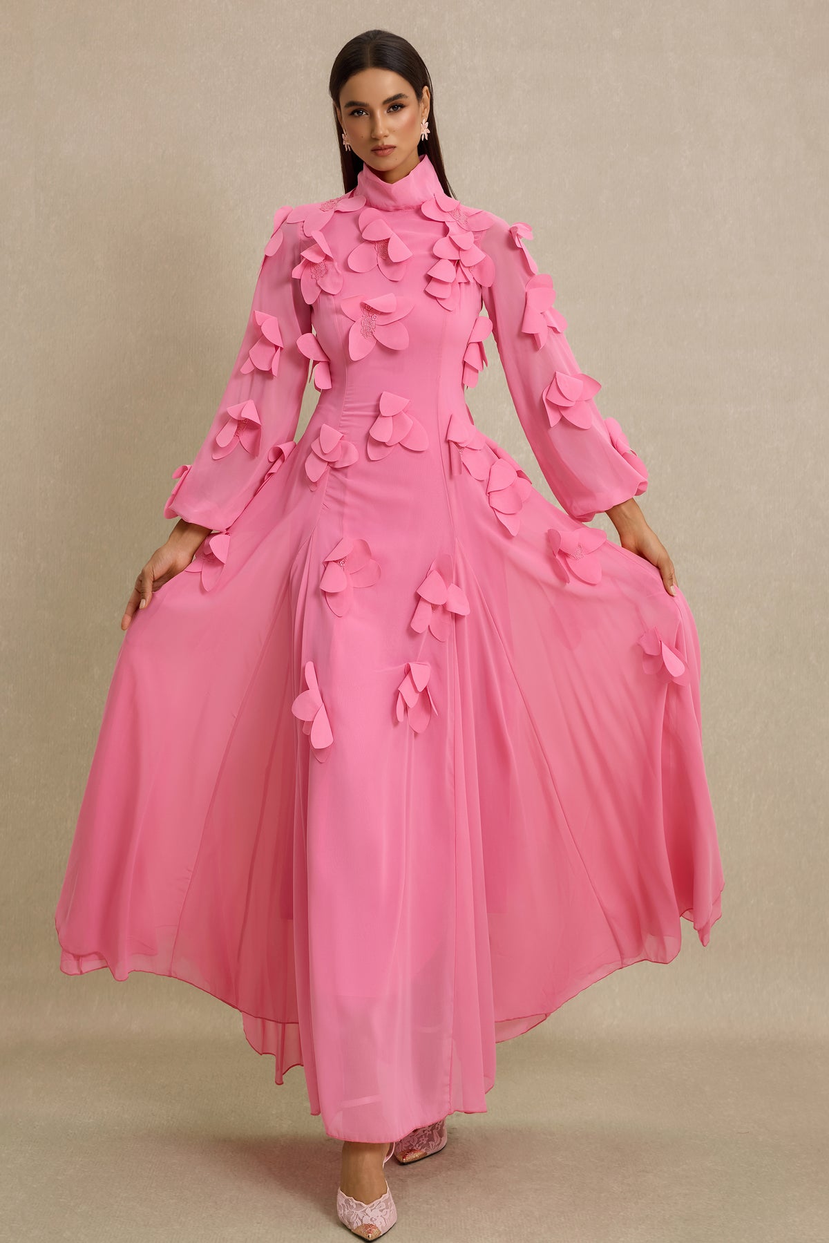 3D Flower Stand Collar Long Sleeve Maxi Dress