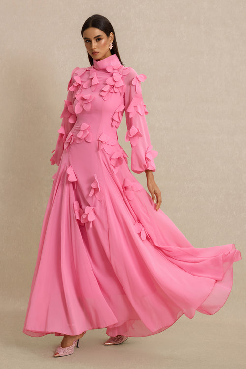 3D Flower Stand Collar Long Sleeve Maxi Dress