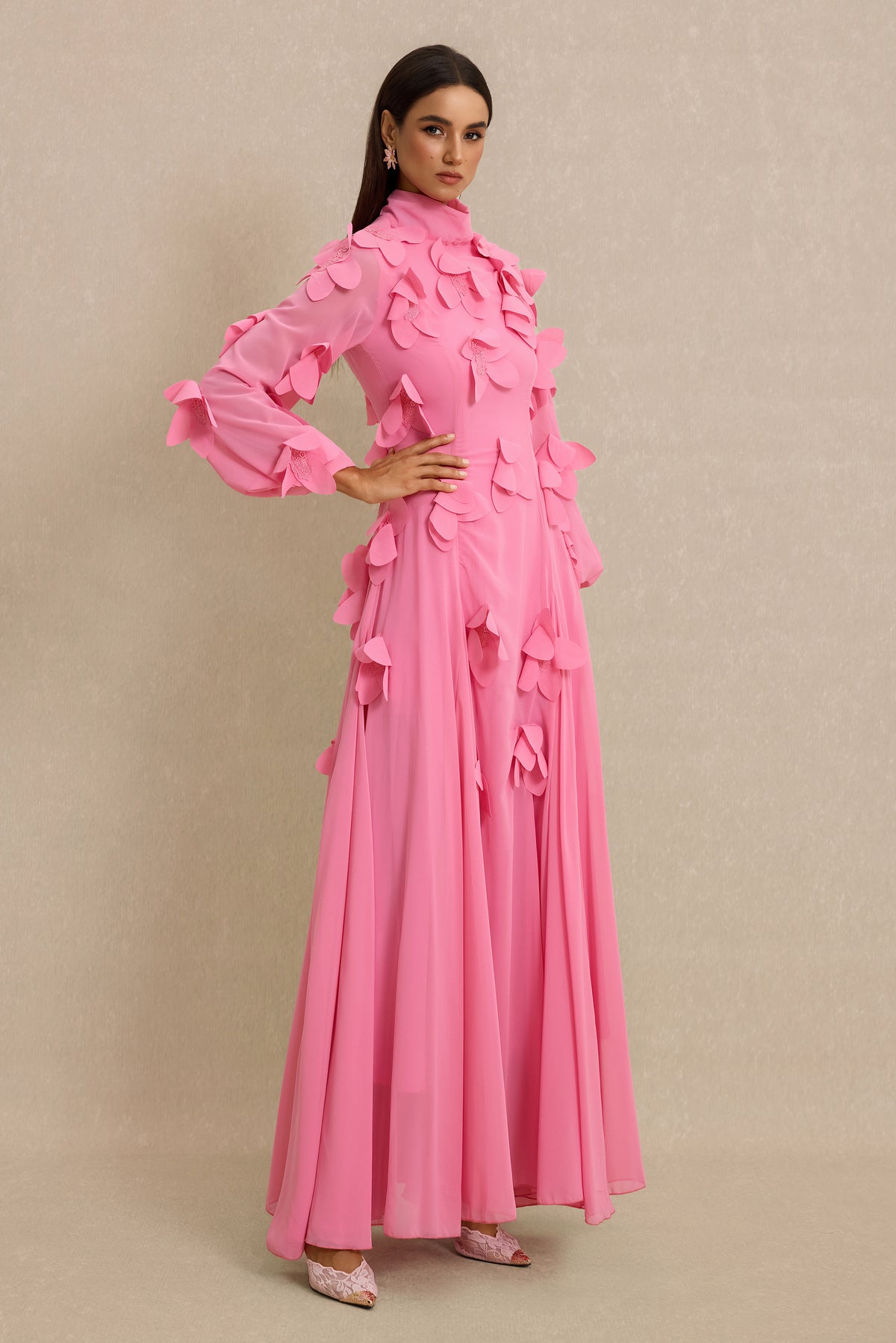 3D Flower Stand Collar Long Sleeve Maxi Dress
