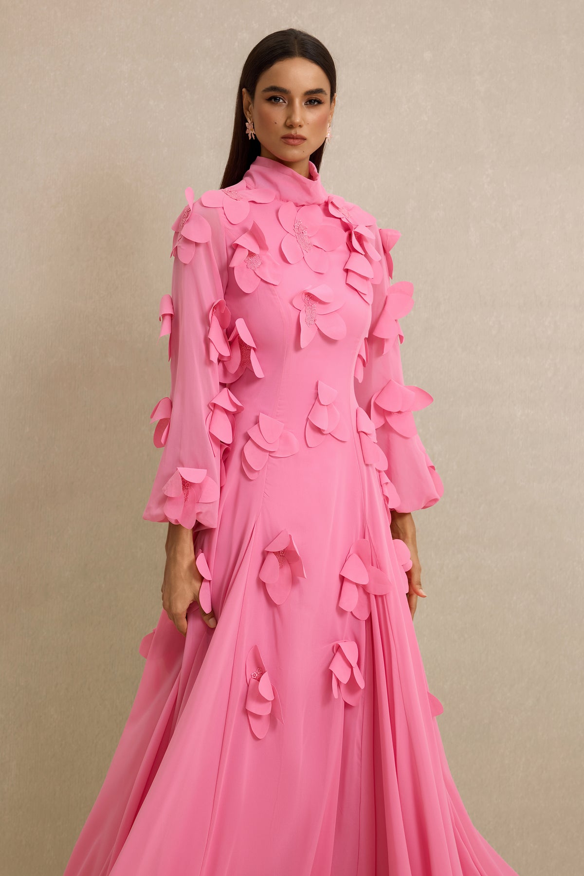 3D Flower Stand Collar Long Sleeve Maxi Dress
