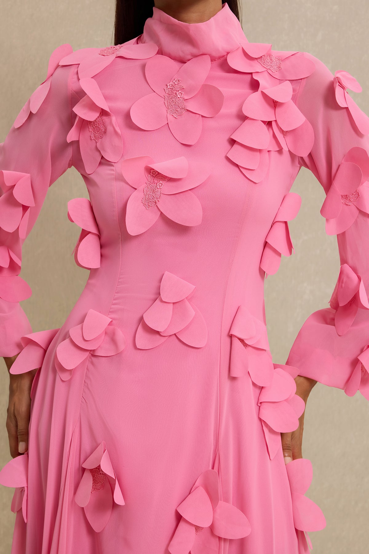 3D Flower Stand Collar Long Sleeve Maxi Dress