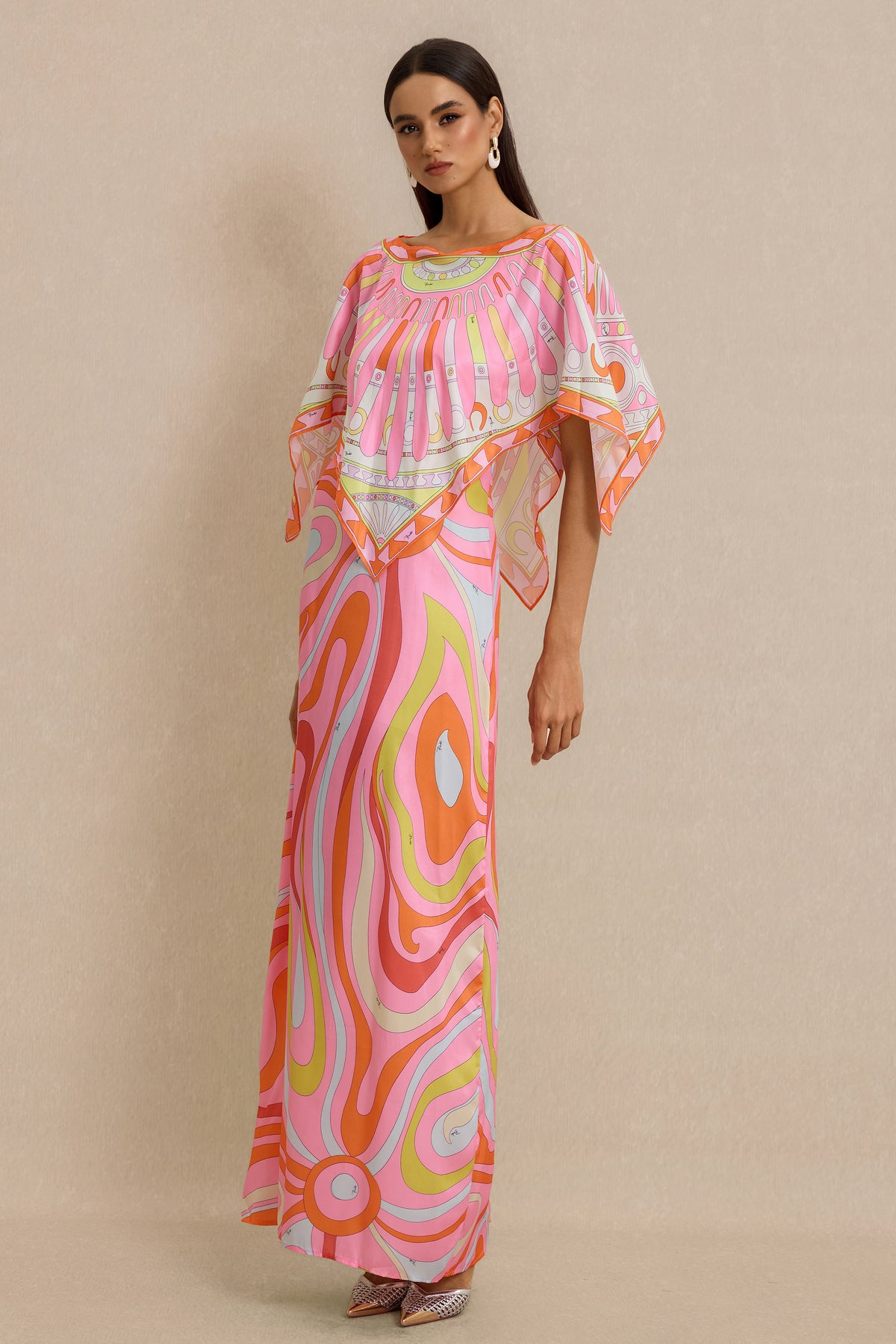 Abstract Print Slip Maxi Dress With Cape