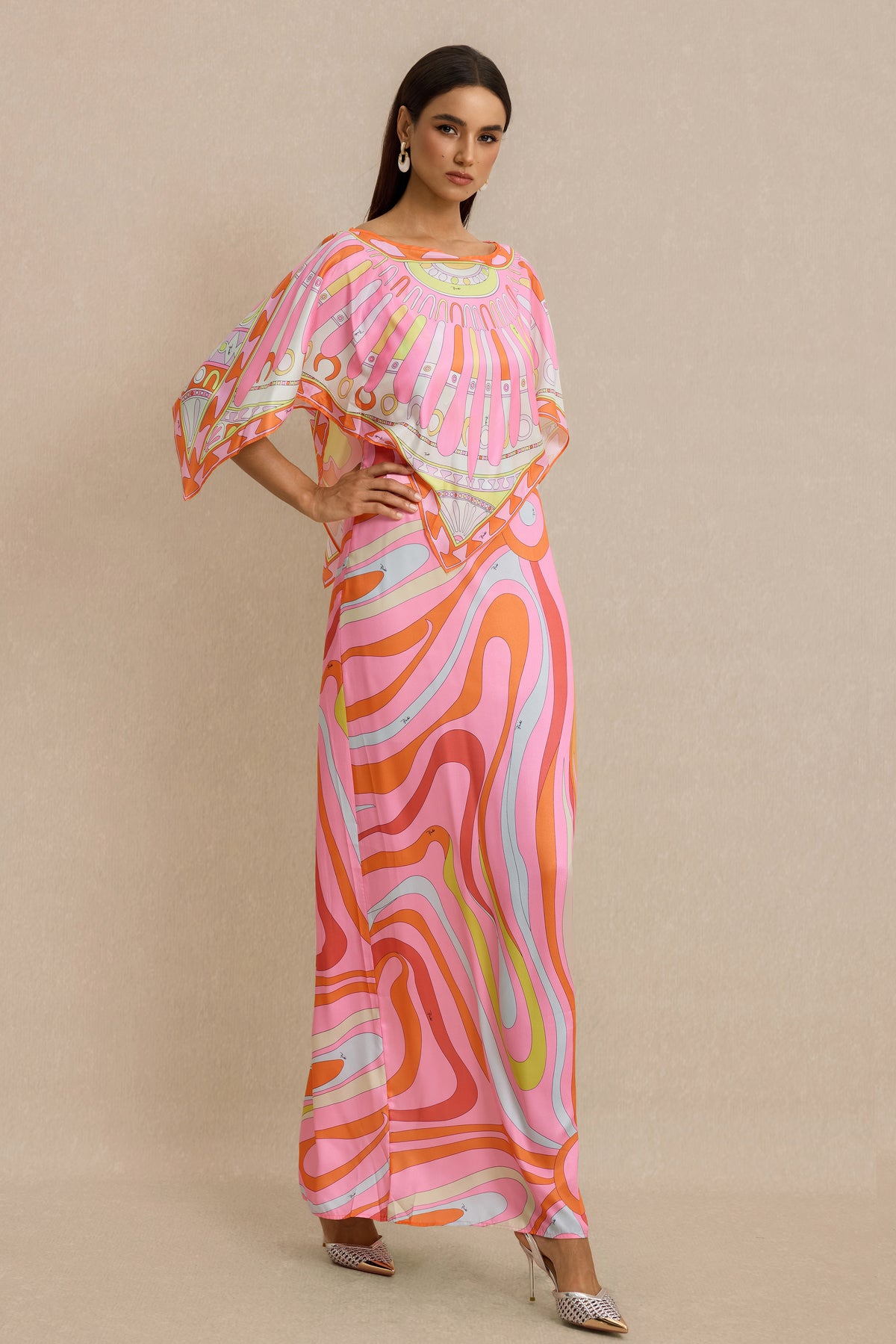 Abstract Print Slip Maxi Dress With Cape