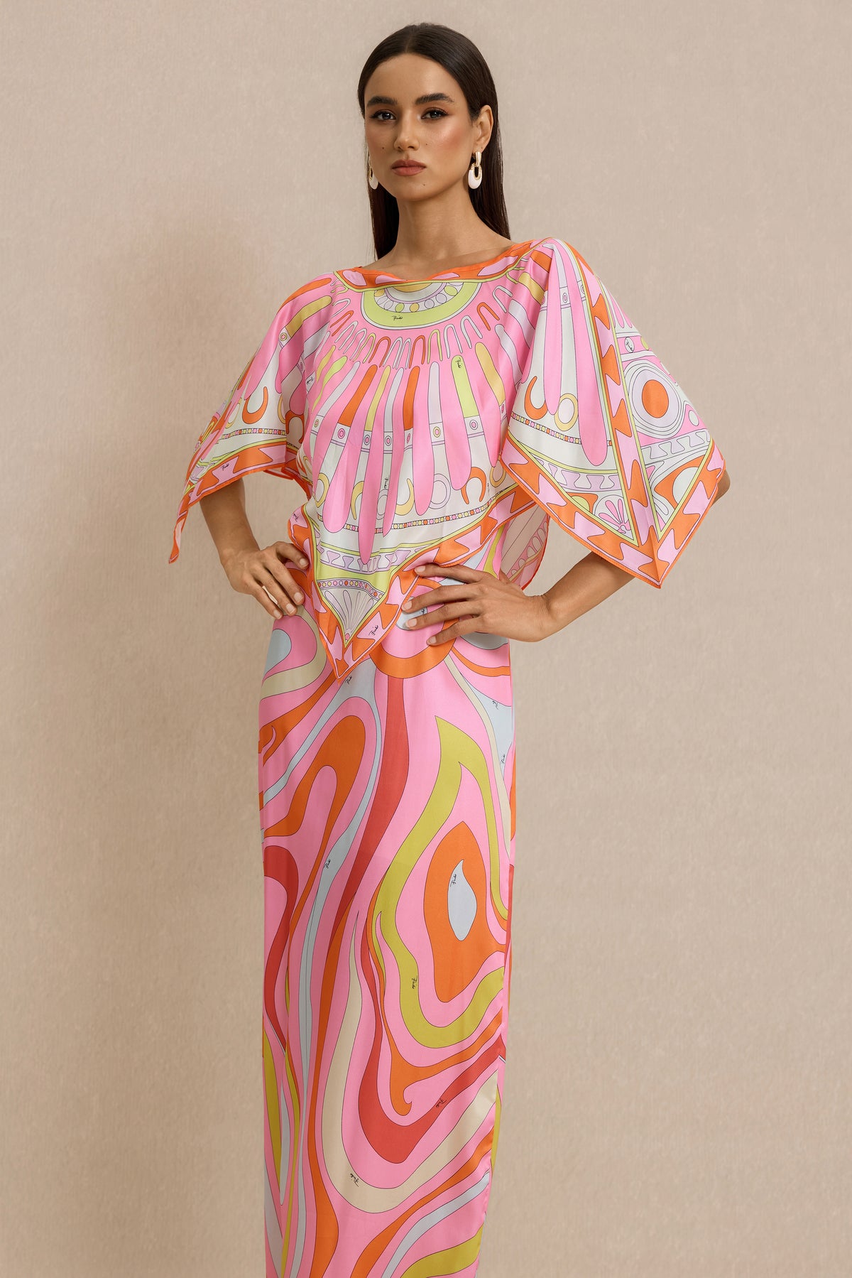 Abstract Print Slip Maxi Dress With Cape