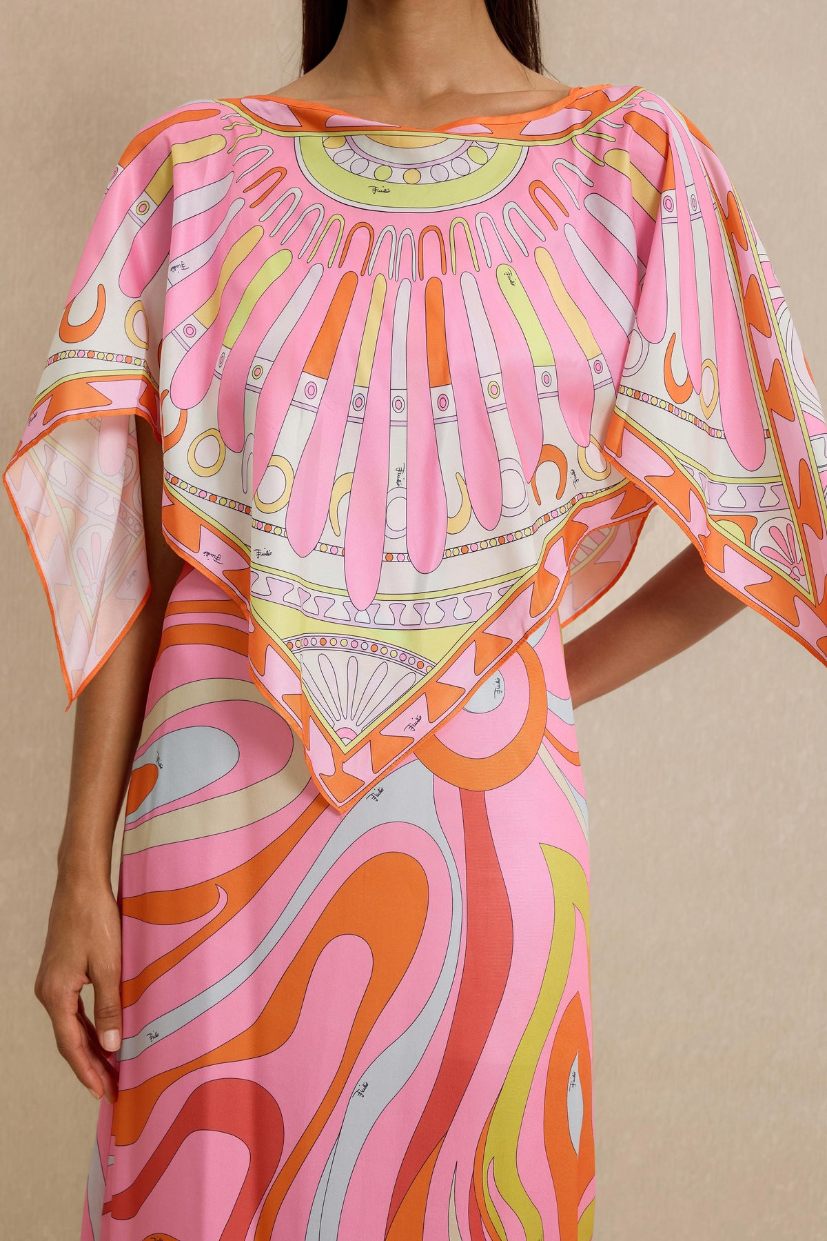 Abstract Print Slip Maxi Dress With Cape