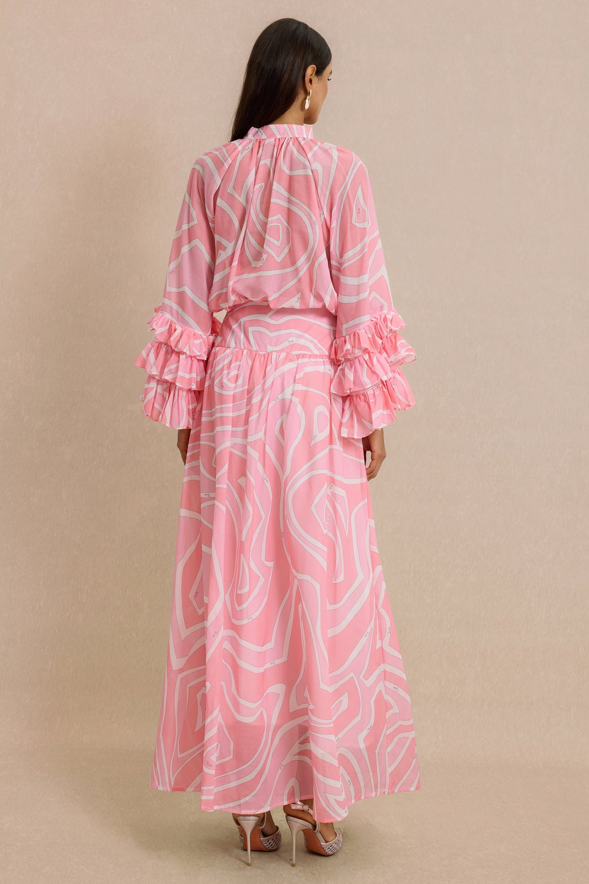 Abstract Print Frill Top & High Waist Maxi Skirt Set