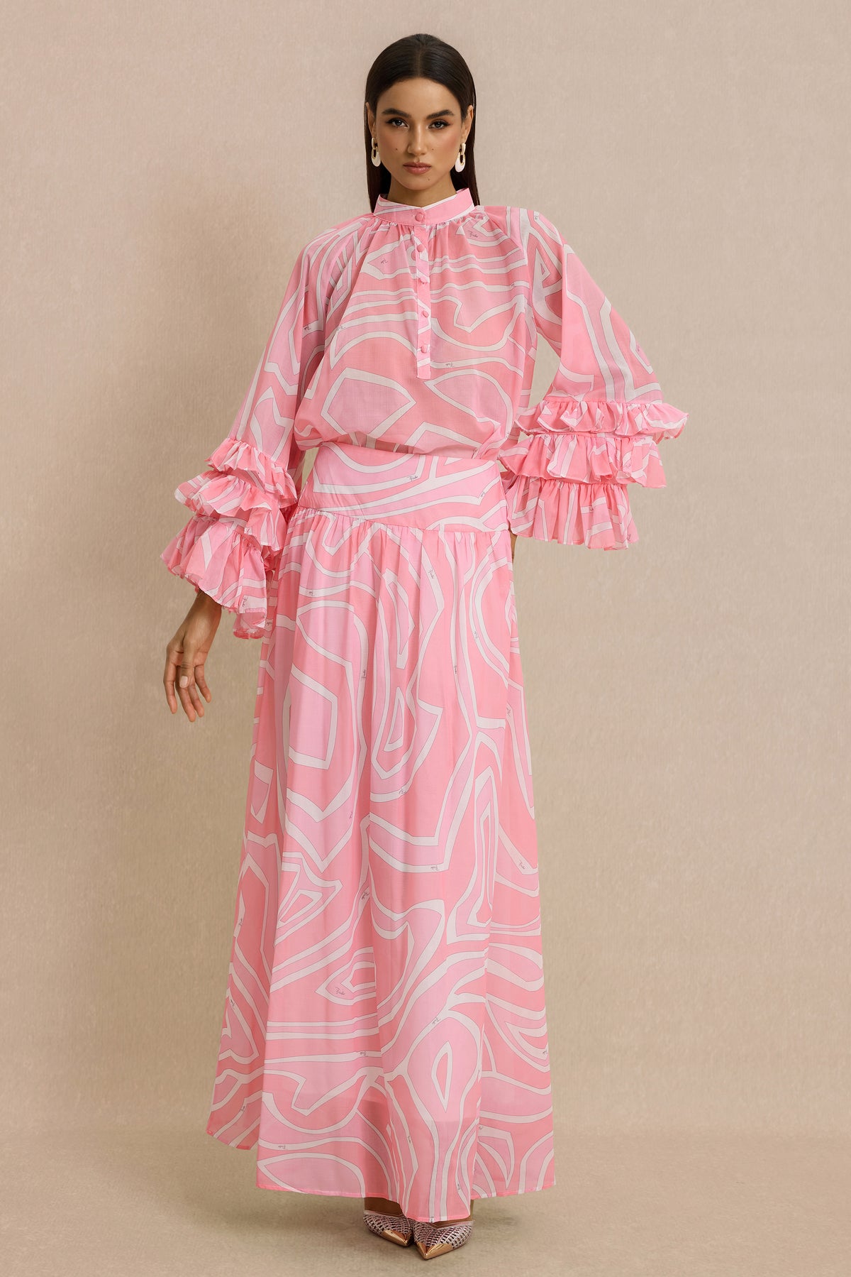 Abstract Print Frill Top & High Waist Maxi Skirt Set