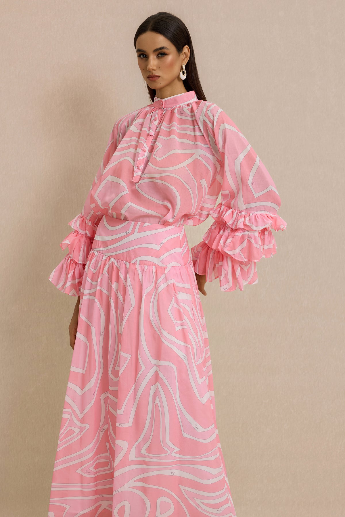 Abstract Print Frill Top & High Waist Maxi Skirt Set