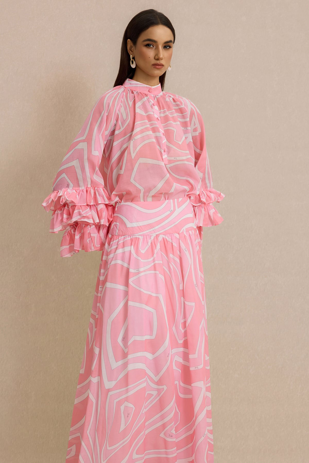 Abstract Print Frill Top & High Waist Maxi Skirt Set