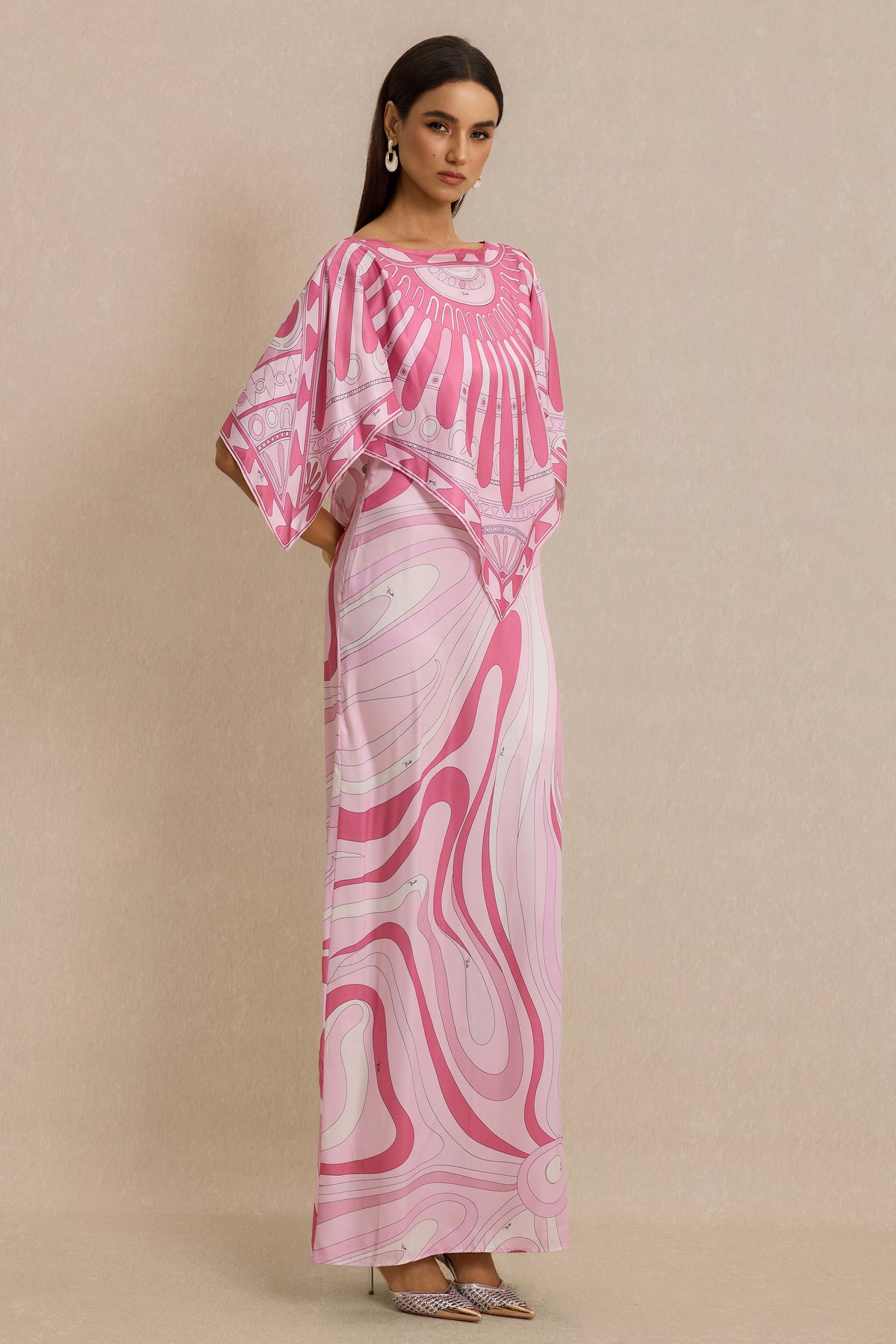 Abstract Print Slip Maxi Dress With Cape