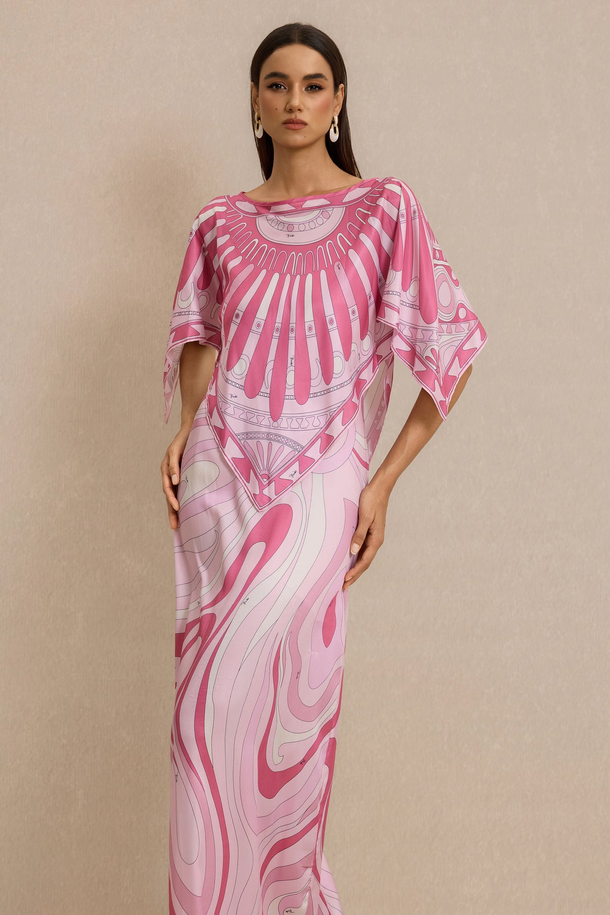 Abstract Print Slip Maxi Dress With Cape