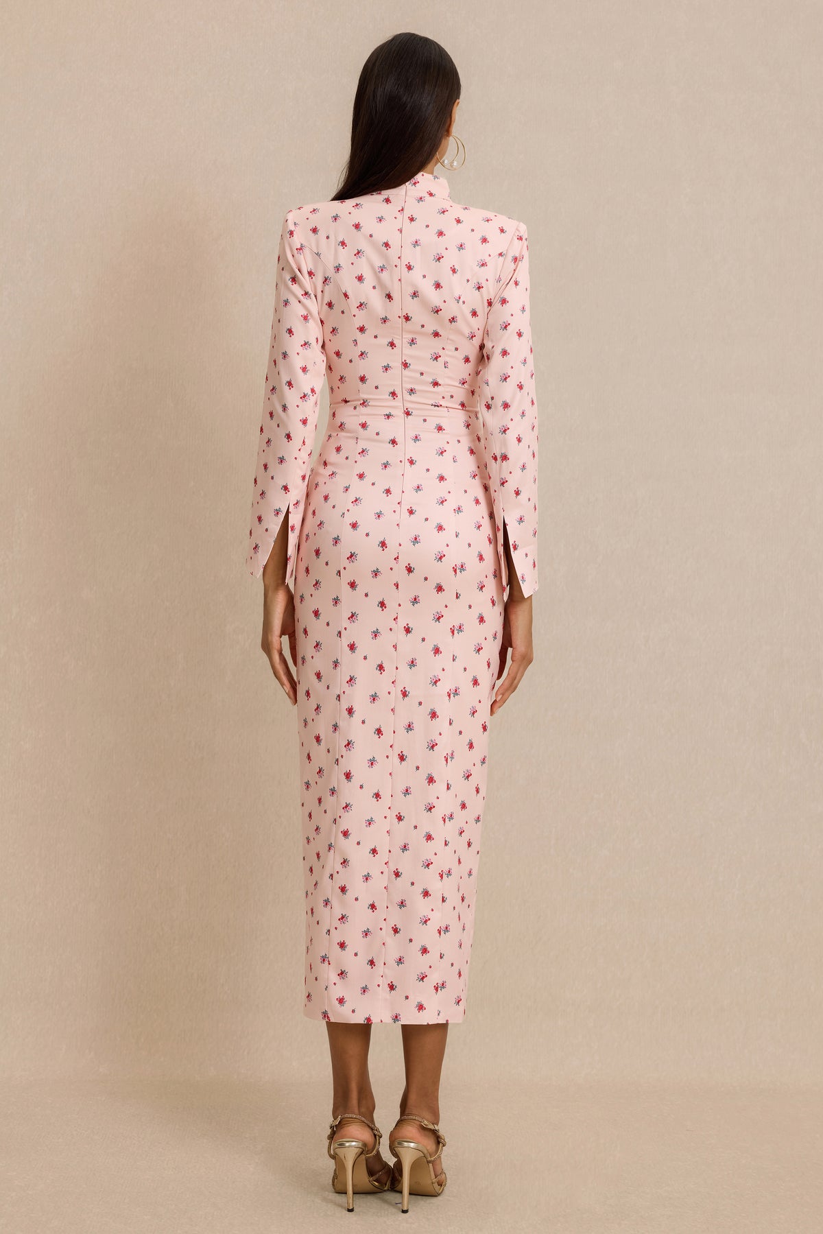 Floral Print Button Decorations Long Sleeve Midi Dress
