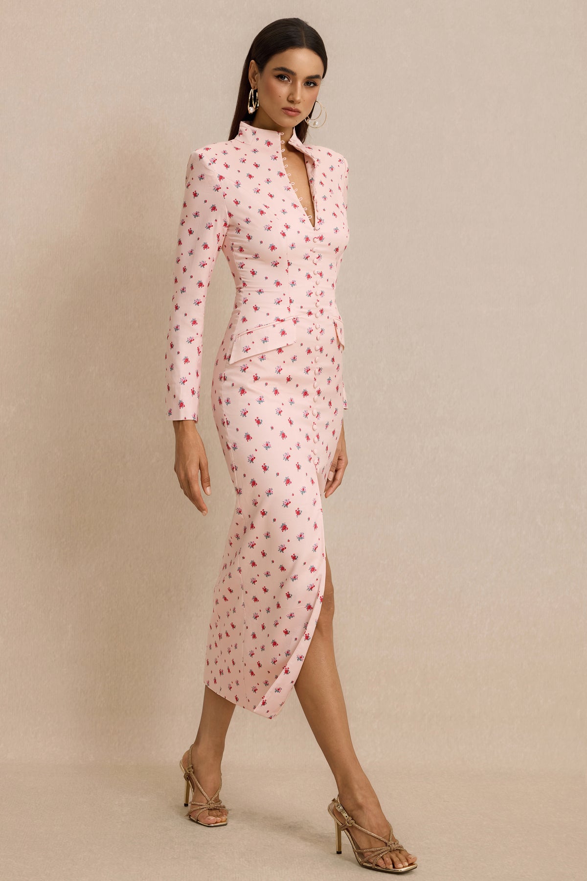 Floral Print Button Decorations Long Sleeve Midi Dress