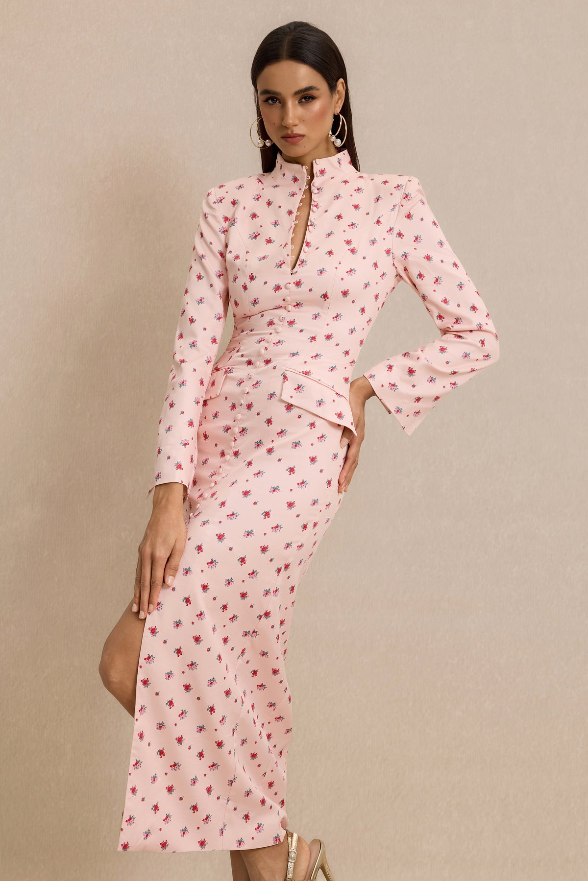 Floral Print Button Decorations Long Sleeve Midi Dress