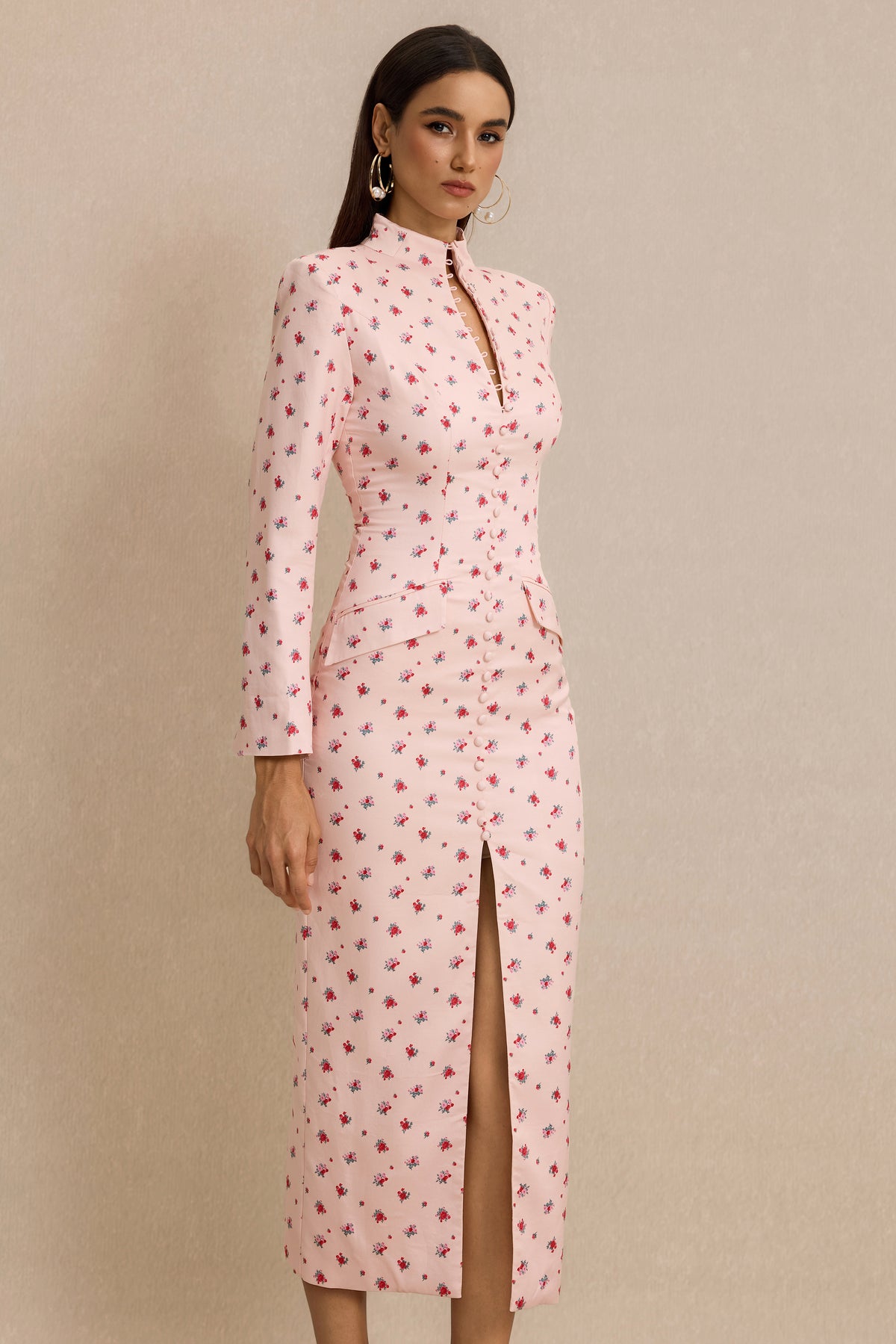 Floral Print Button Decorations Long Sleeve Midi Dress
