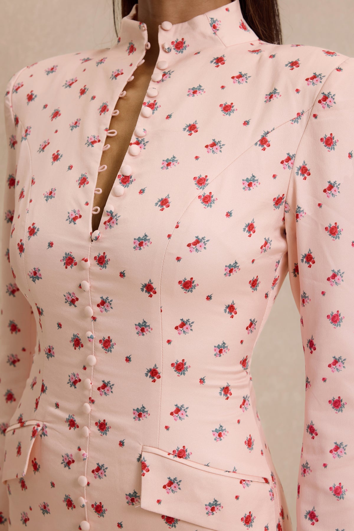 Floral Print Button Decorations Long Sleeve Midi Dress