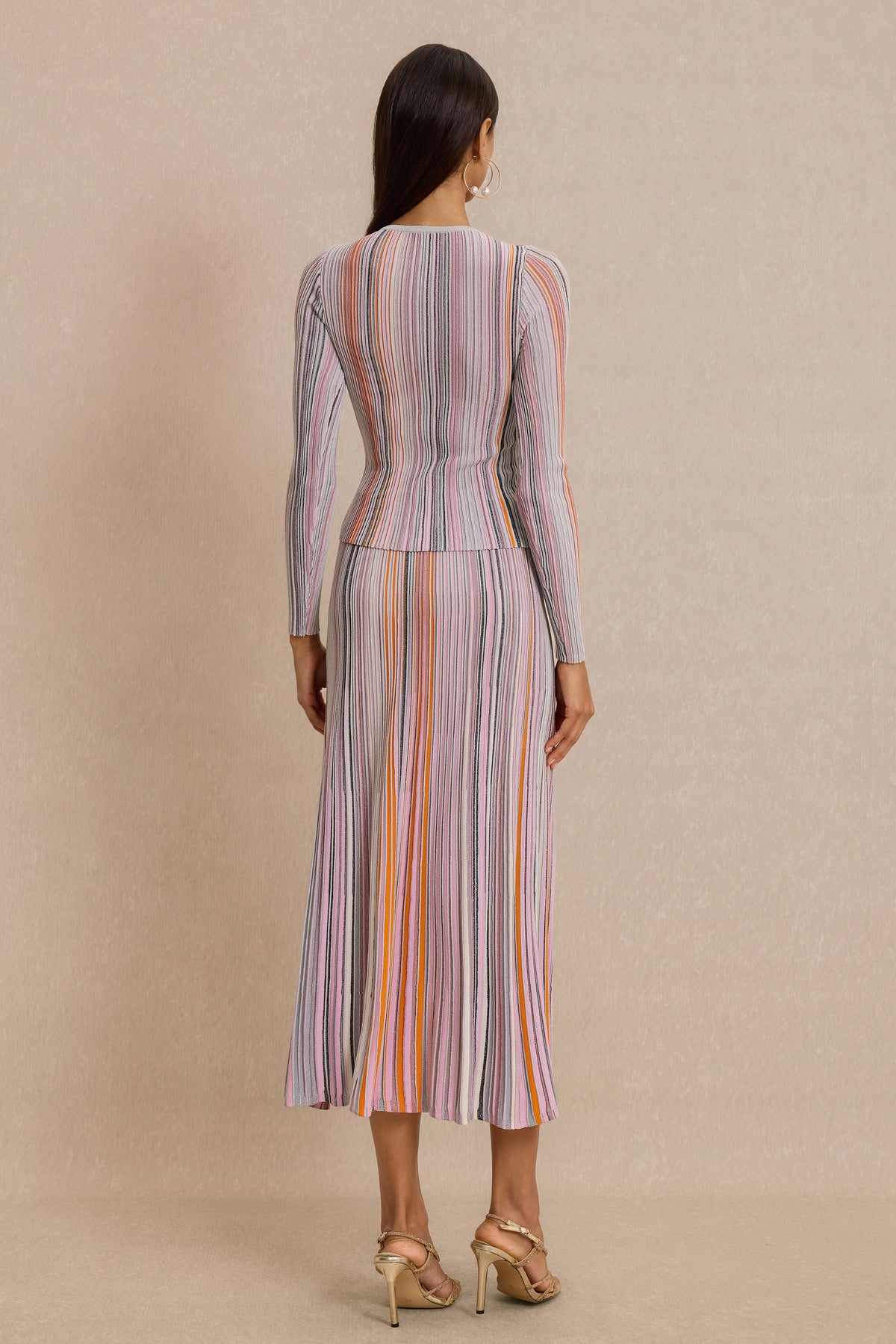 Jersey Stripe Luxury Top & High Waist Midi Skirt Set
