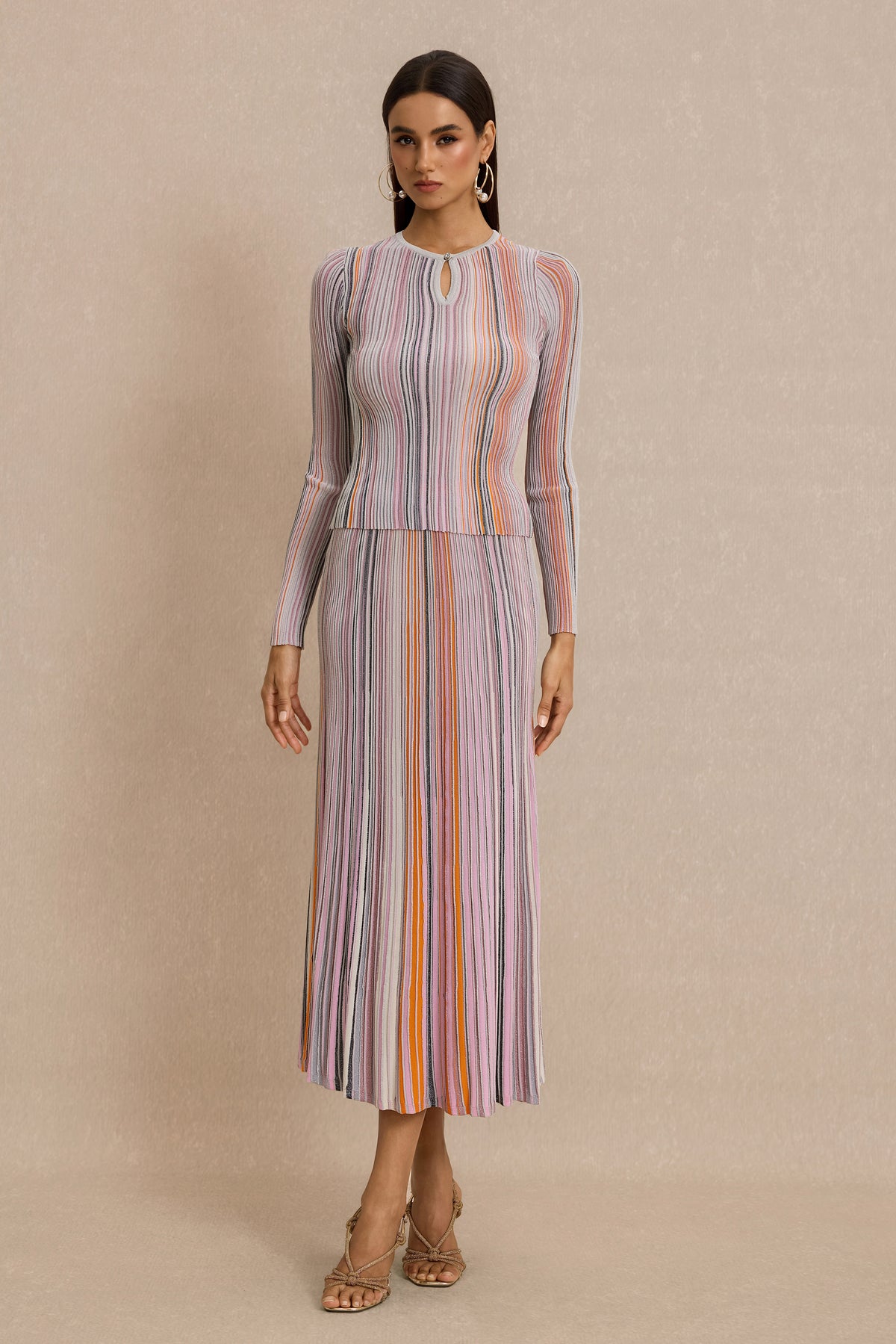 Jersey Stripe Luxury Top & High Waist Midi Skirt Set