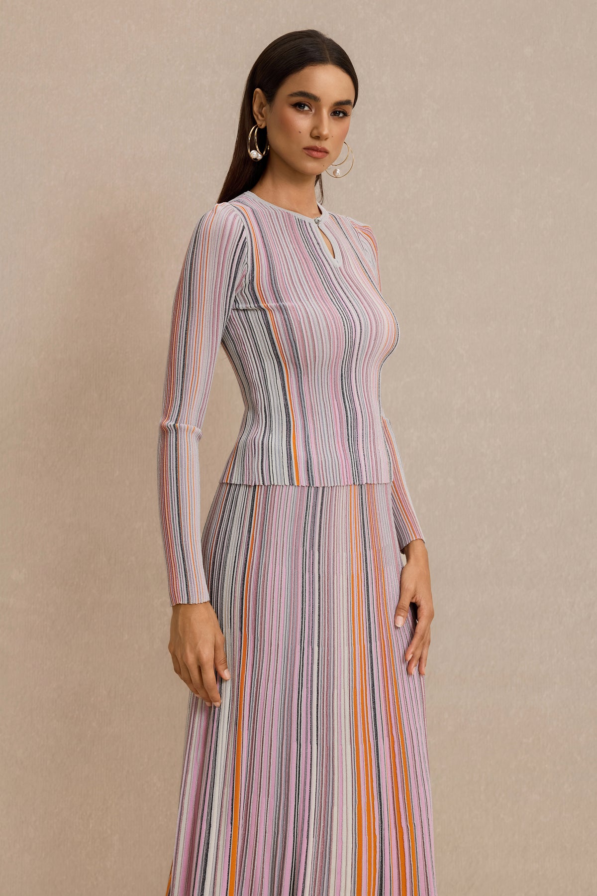 Jersey Stripe Luxury Top & High Waist Midi Skirt Set