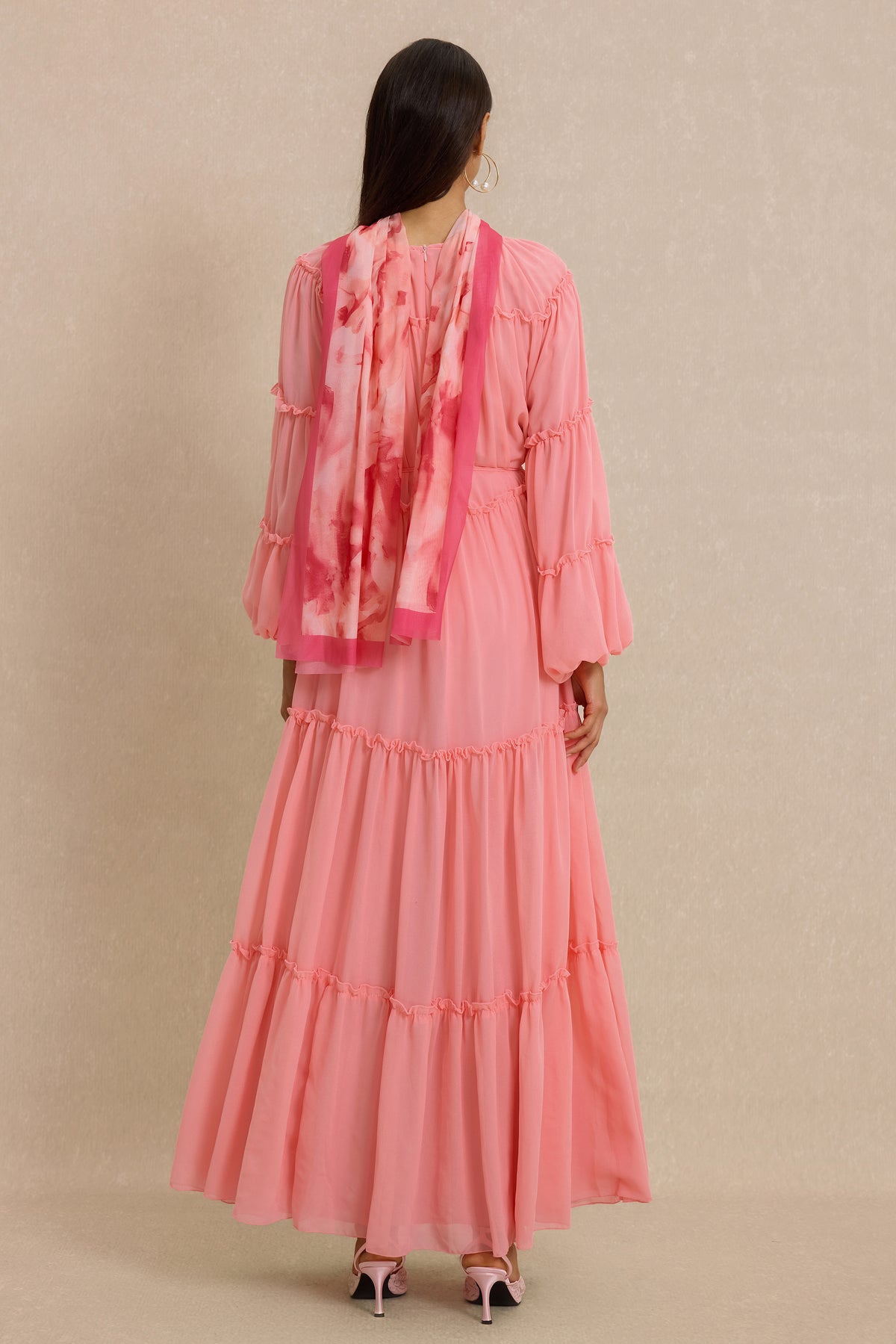 Frill Lantern Sleeve Round Neck Midi Dress