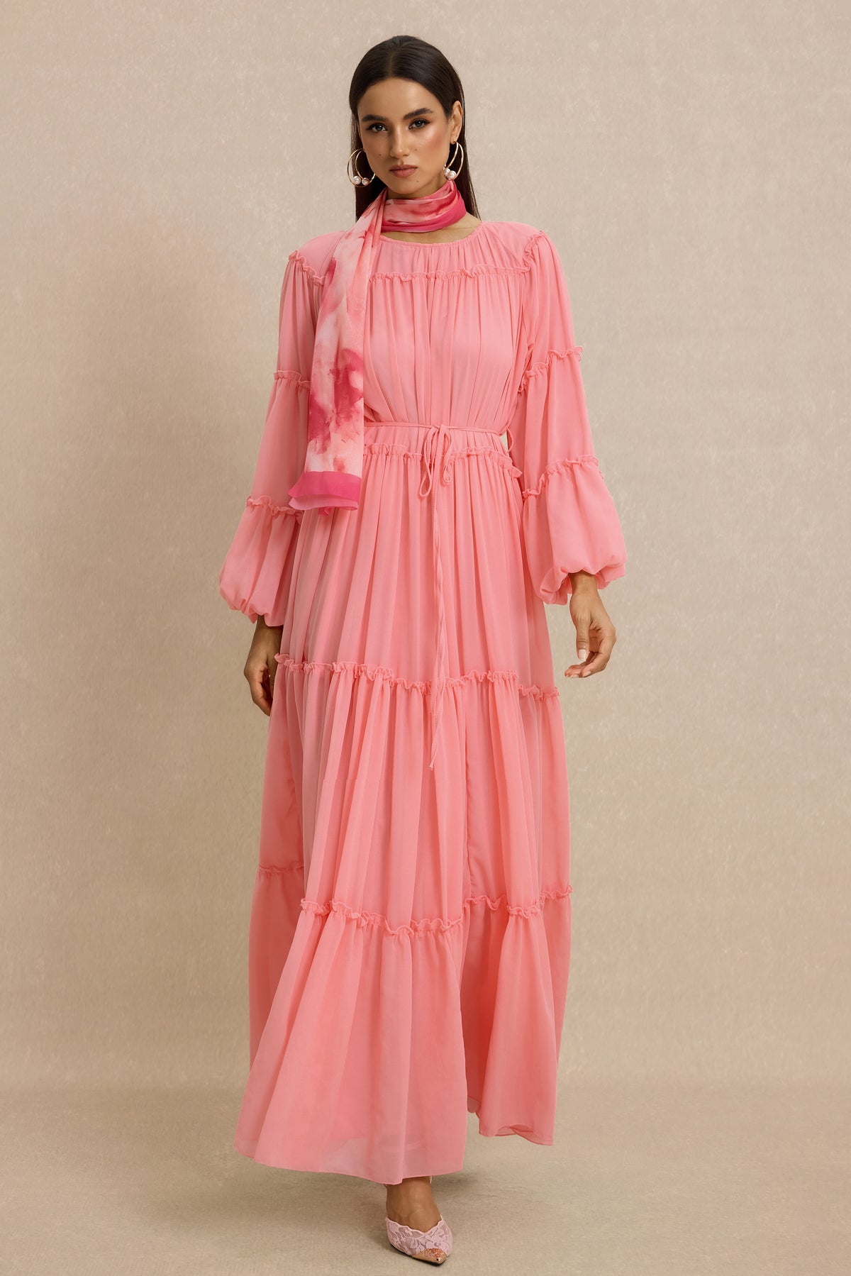 Frill Lantern Sleeve Round Neck Midi Dress