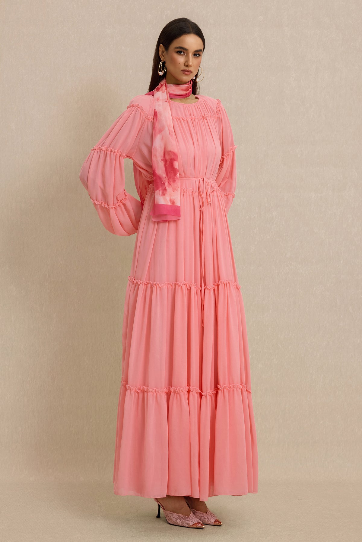 Frill Lantern Sleeve Round Neck Midi Dress