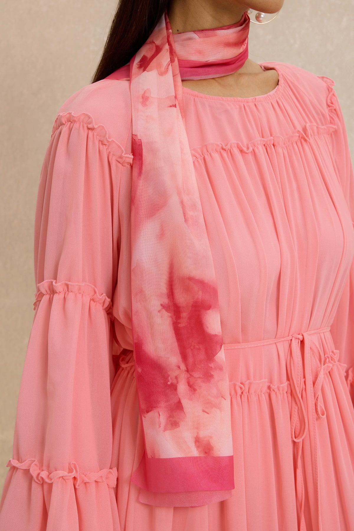 Frill Lantern Sleeve Round Neck Midi Dress