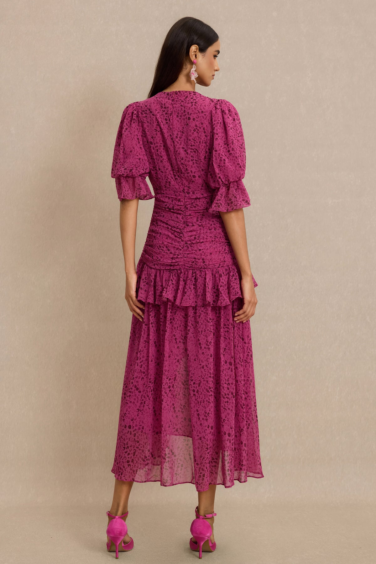 Leopard Print Ruched V-Neck Midi Dress