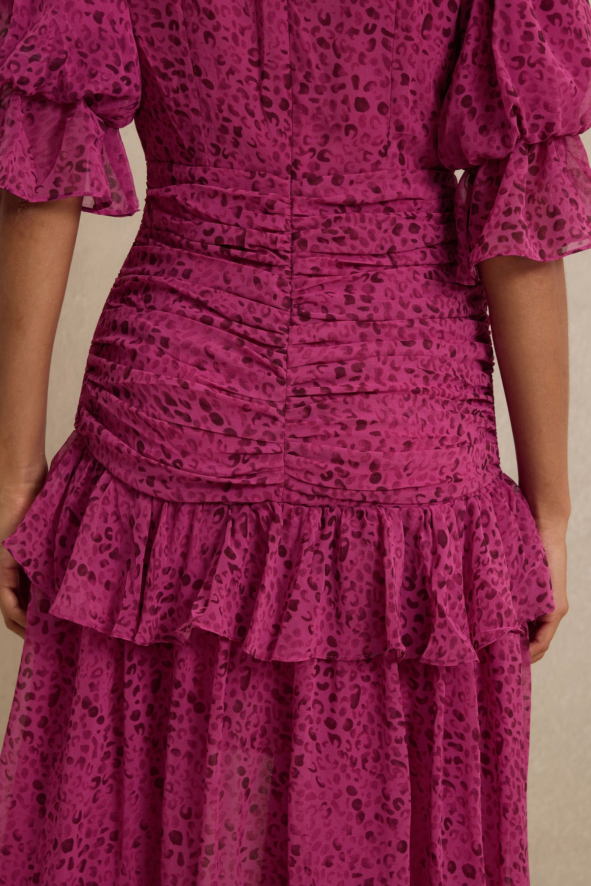 Leopard Print Ruched V-Neck Midi Dress