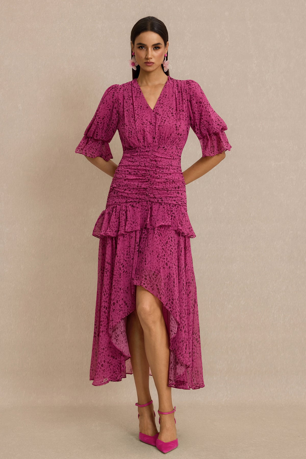 Leopard Print Ruched V-Neck Midi Dress