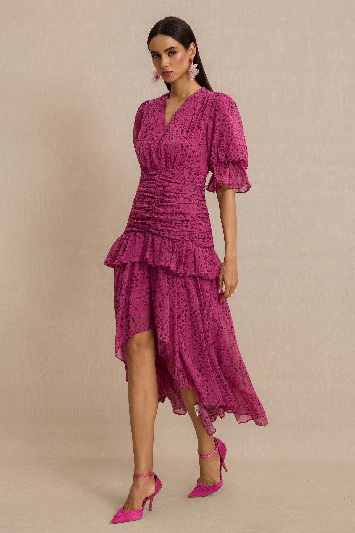 Leopard Print Ruched V-Neck Midi Dress